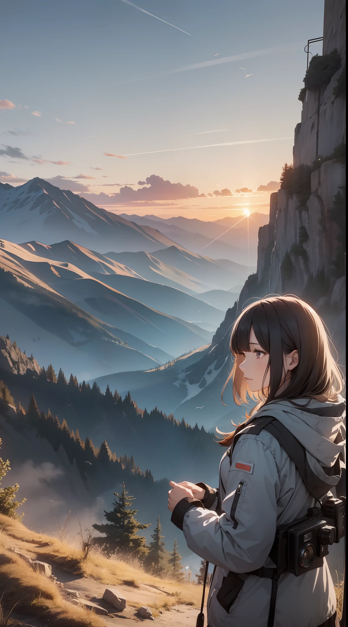 Lonely and confused woman, overlooking the mountains in the distance, pulls in the camera, highlighting the restrained loneliness. With melancholy sound, birds, sunsets, and light spots create a deep sense of loneliness.