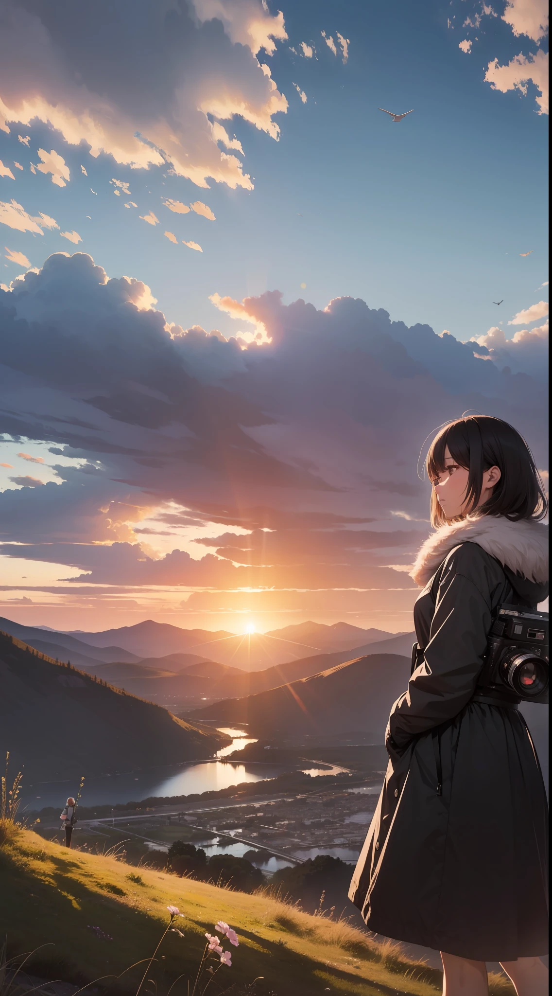 Lonely and confused woman, overlooking the mountains in the distance, pulls in the camera, highlighting the restrained loneliness. With melancholy sound, birds, sunsets, and light spots create a deep sense of loneliness.