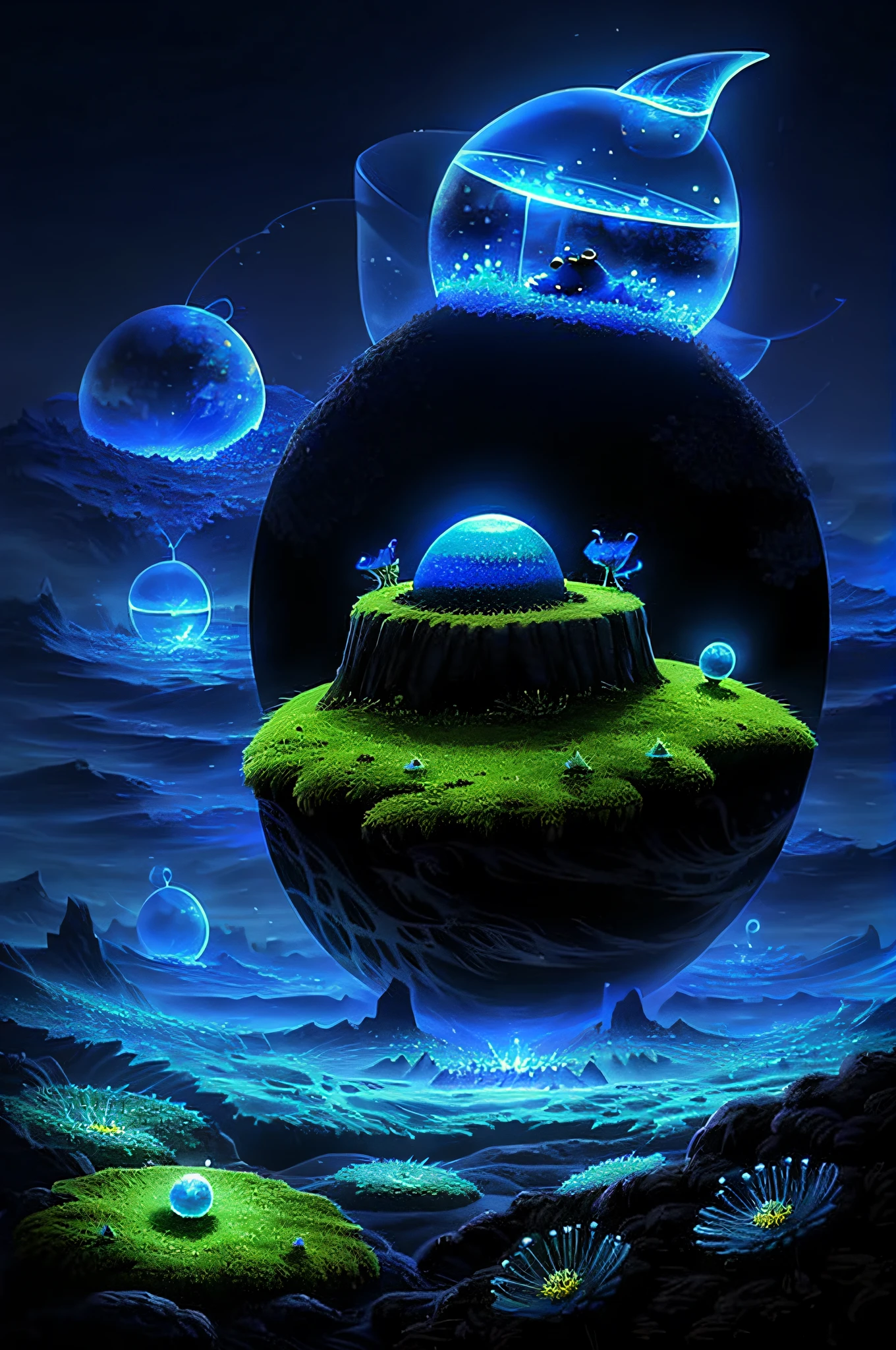 Cute anthill with moss and cute glowing ants sitting on top, made of sand, blue higan flowers blooming, transparent fog, hemispherical looking down from the sky, fantasy, art