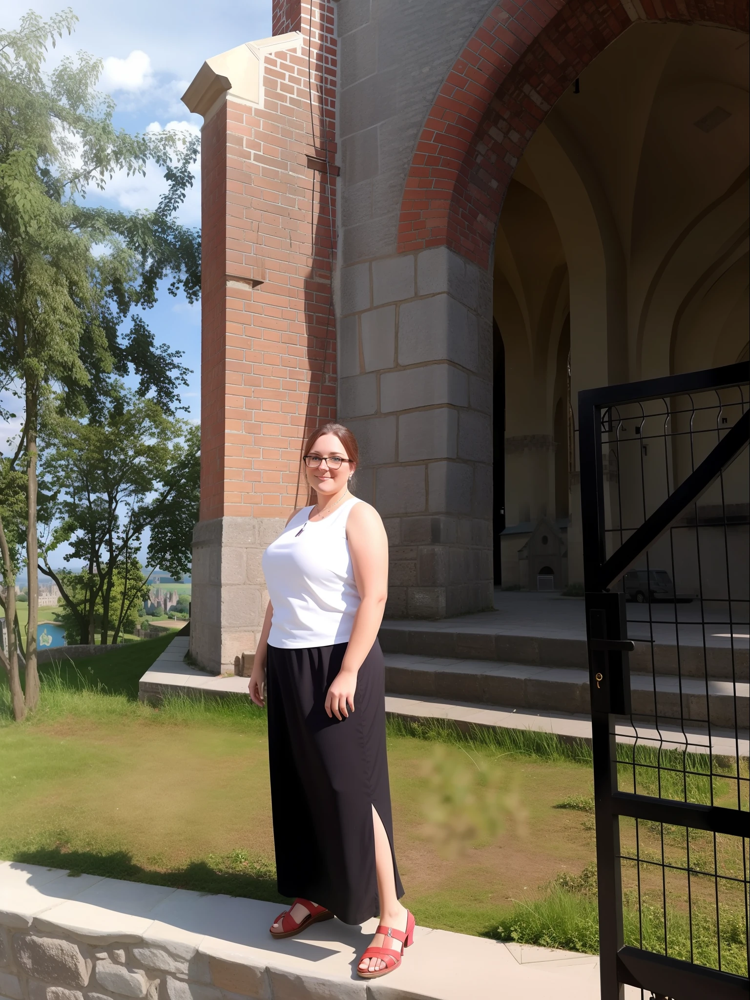 woman standing on a stone wall in front of a brick building, standing near a castle, with a castle in the background, church in the background, old abbey in the background, ruins in the background, trip to legnica, in a castle, standing in front of the altar, view from the side, photo taken in 2 0 2 0, old picture