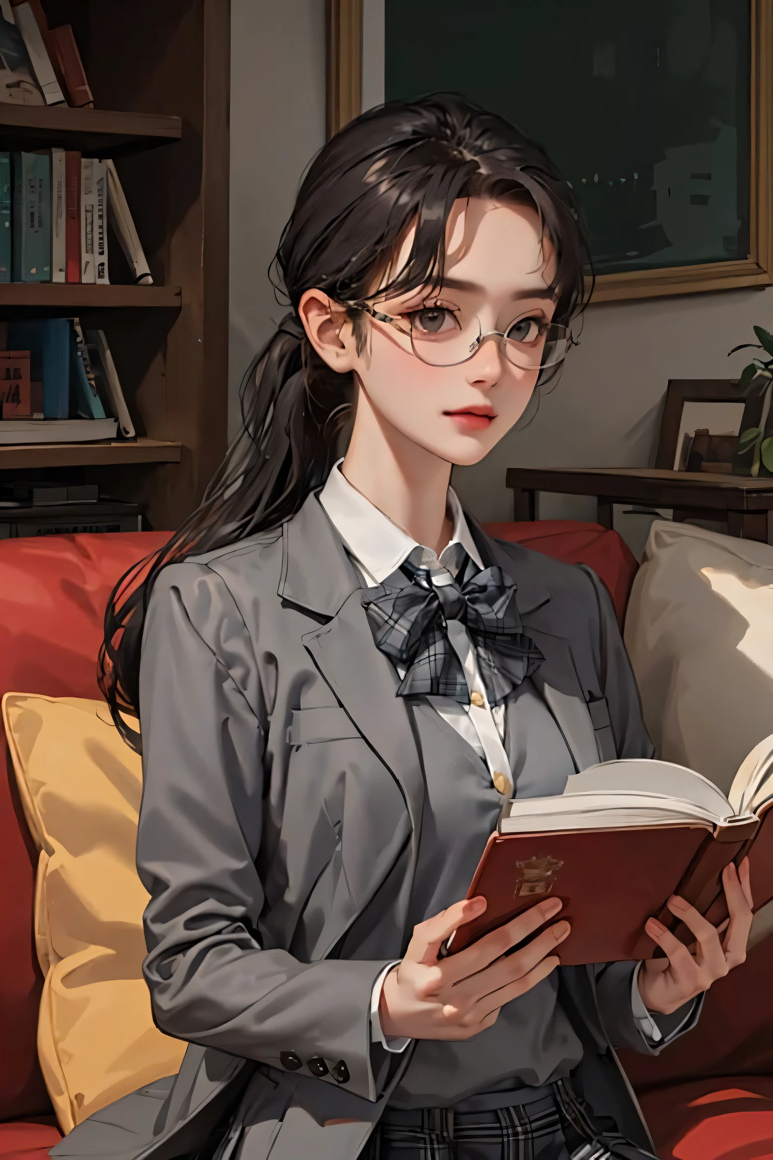 kr-pny, absurdly long ponytail, parted bangs, 1girl, school uniform, dark grey open jacket, dark grey blazer, pleated skirt, plaid skirt,
round eyewear, reading a book, shy and quiet girl, looking at object,
extremely detailed hair, intricate detail,
masterpiece, best quality, upper body, realistic,