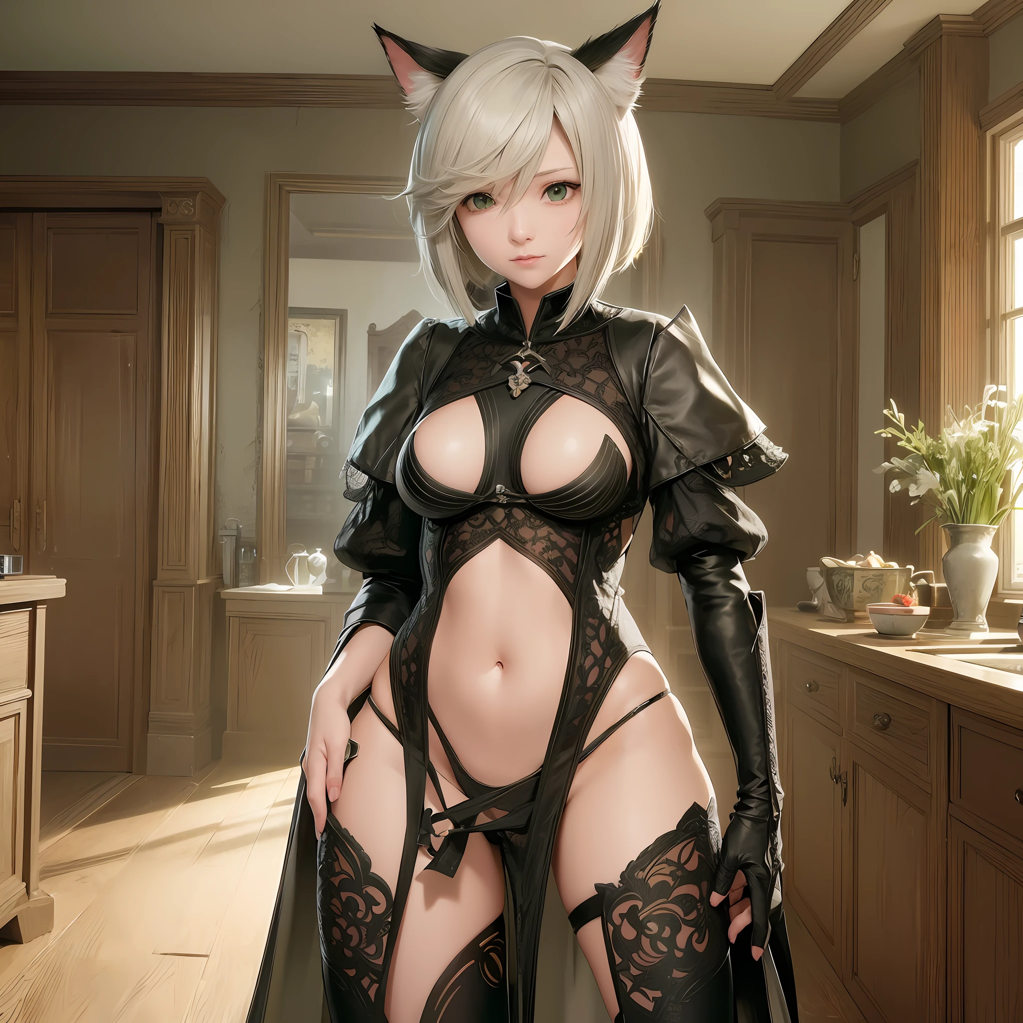 There's a woman standing in a room with a cat, Final Fantasy 14 Style, cat girl with short hair green, HD Screenshot, Final Fantasy 1 4 Screenshot, Thancred Waters, Tranding on PXIV, Final Fantasy 1 4, Final Fantasy XIV, <mmorpgs scene, PC screenshot --auto --s2