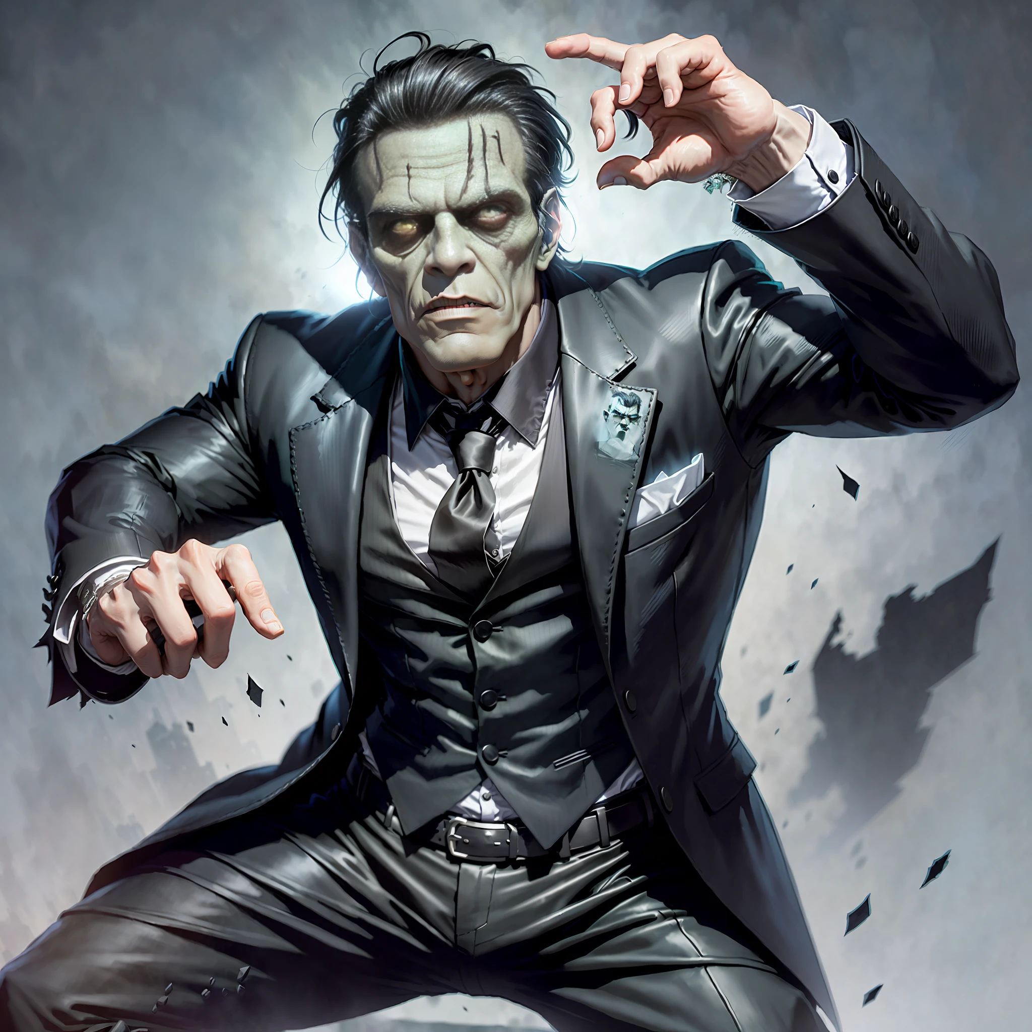 (dynamic pose:1.3), Frankenstein Monster rotten male undead, black hair, black sunglasses, dressed in an old black suit, art by Annie Leibovitz, full body shot, a character portrait, cinematic light, neutral setting, highly detailed, (dof:1.4)