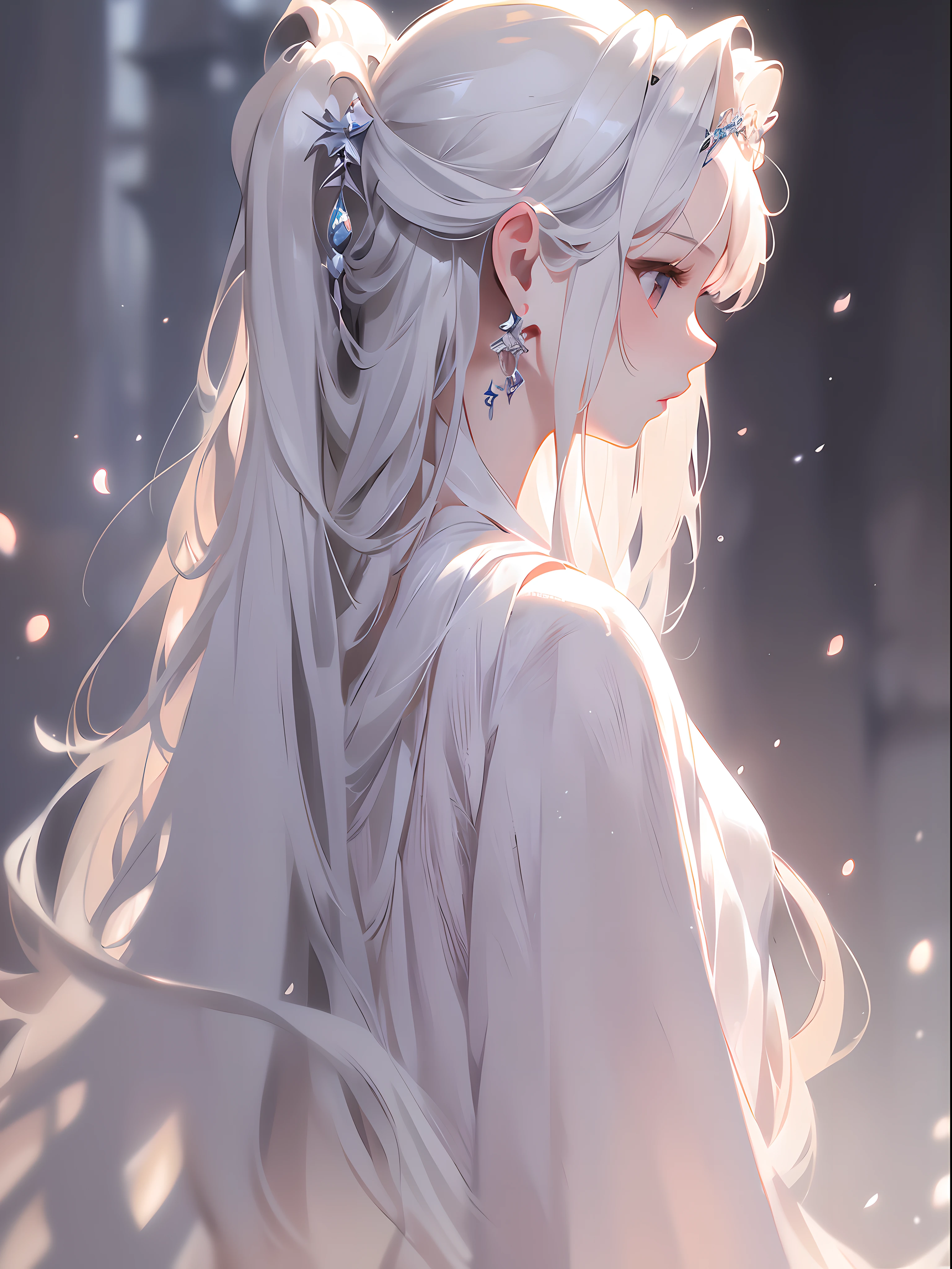 masterpiece,best quality,extremely detailed CG unity 8k wallpaper,drawing,paintbrush,
1 girl,(profile shot:1.2),Classic, white clothes,(blurred background:1.5),(white long hair:1.3),Exquisite makeup,clear eyes,depth of field,particles,earrings,upper body,animation art,ultra fine contours,(fantasy art:1.2),soft light,