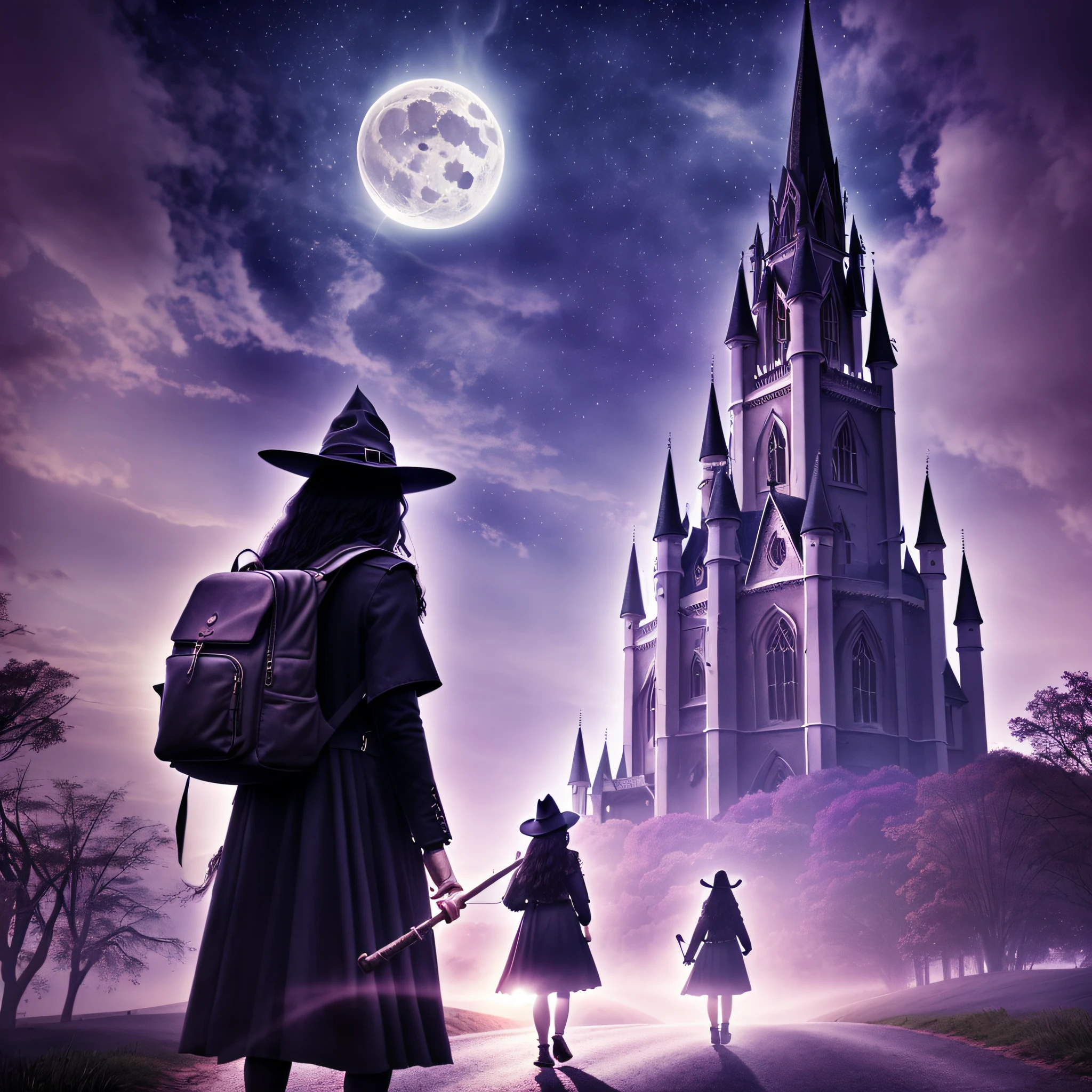 woman walking FRONT down a road at night towards a city, with fog and shadows, with a backpack, wavy and long black hair, high quality, ultra-detailed, 8k, masterpiece, (volumetric lighting), black magic, fanciful, lilac colors, purple, shadows and vivids on the woman's back, magic in their hands and a moon behind, witch's chapel,  WAND OF POWER, AND LIVING SHADOWS --auto --s2