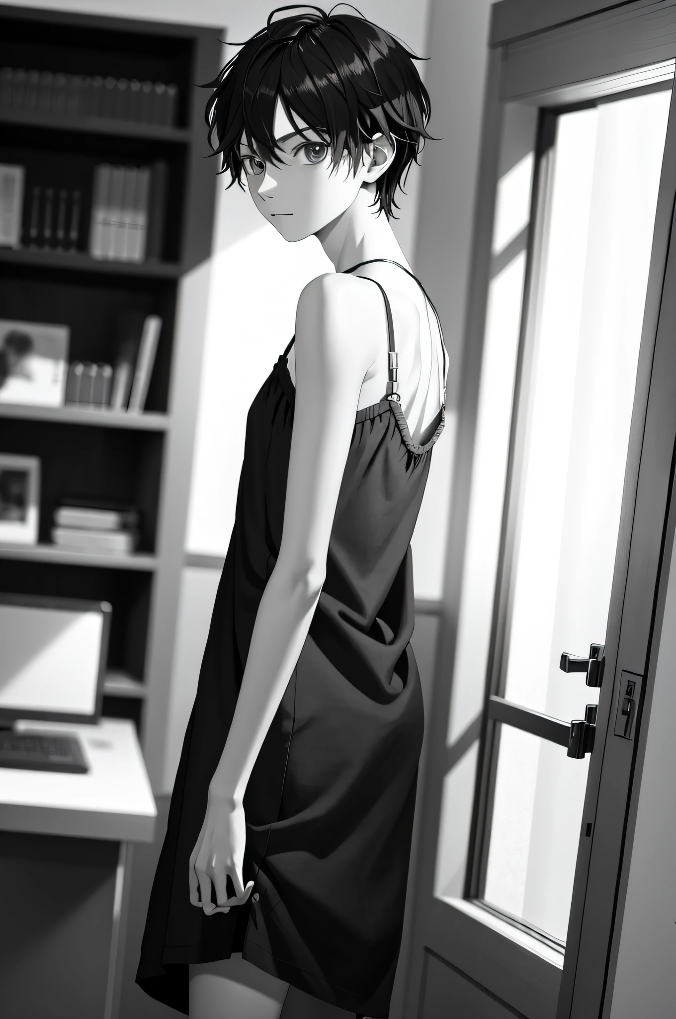 absurdres, best quality, (1boy:0.5), (1girl:0.25), solo, androgynous, from side, loose clothes, looking at viewer,