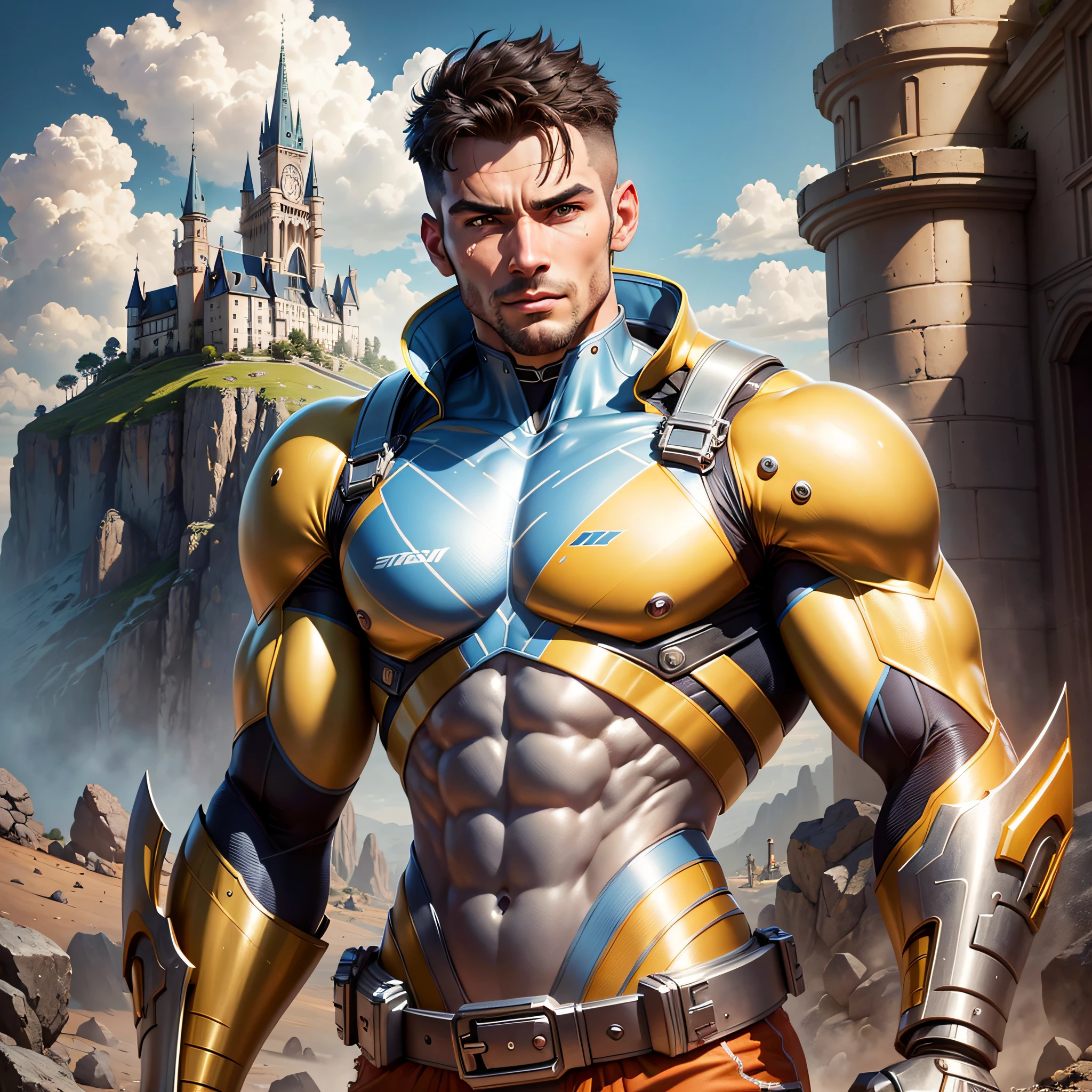 muscular man,made of metal,(cyborg:1.1),Arafed man in yellow shirt and blue shorts standing on a hill, tjalf sparnaay 8 k, Michel - ange 8 k, very happy!, Craig Mullins 8 k, with a castle in the background, Guillaume tholly, Ludovic Plouffe, David A, very happy, album photo, solo 3 / 4 portait --auto --s2