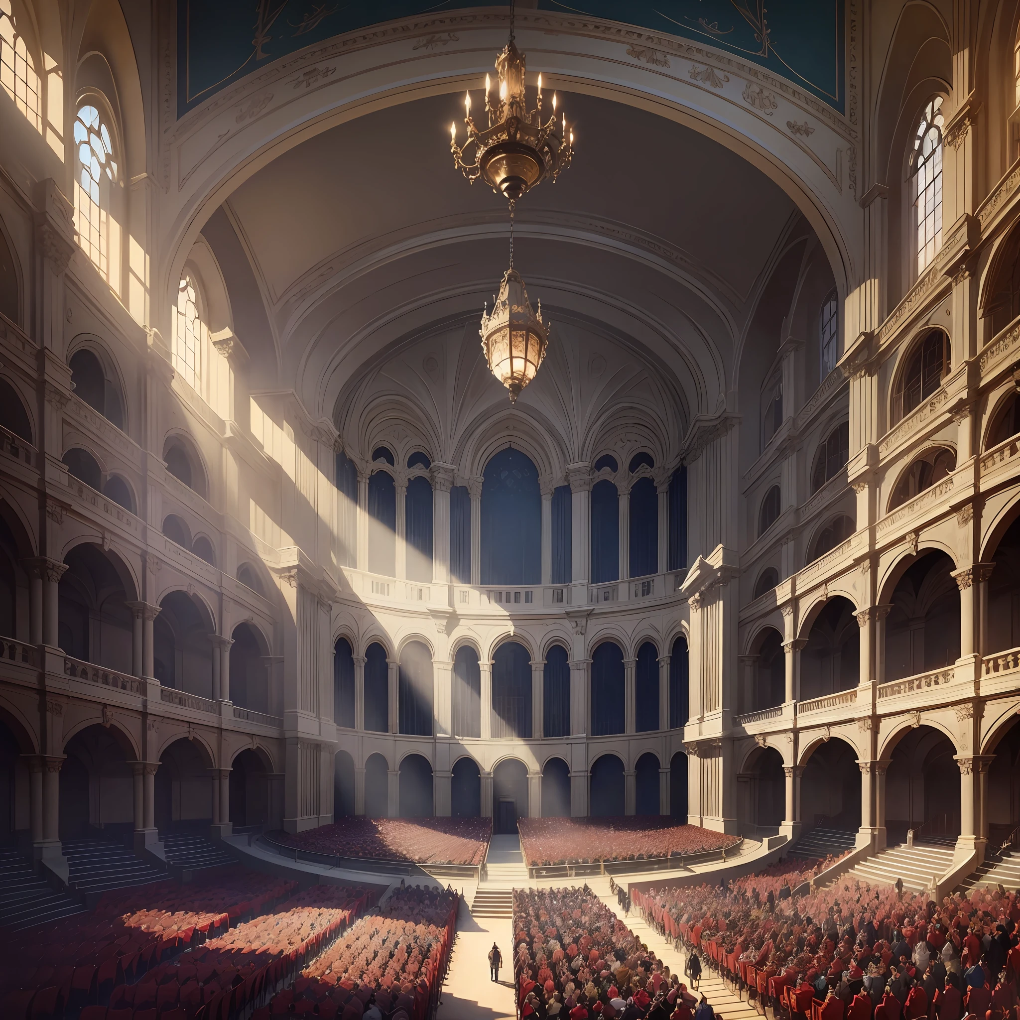 Large scale musical stage like the Phantom of the Opera, fantasy, dark lights, middle stage for singers --auto --s2