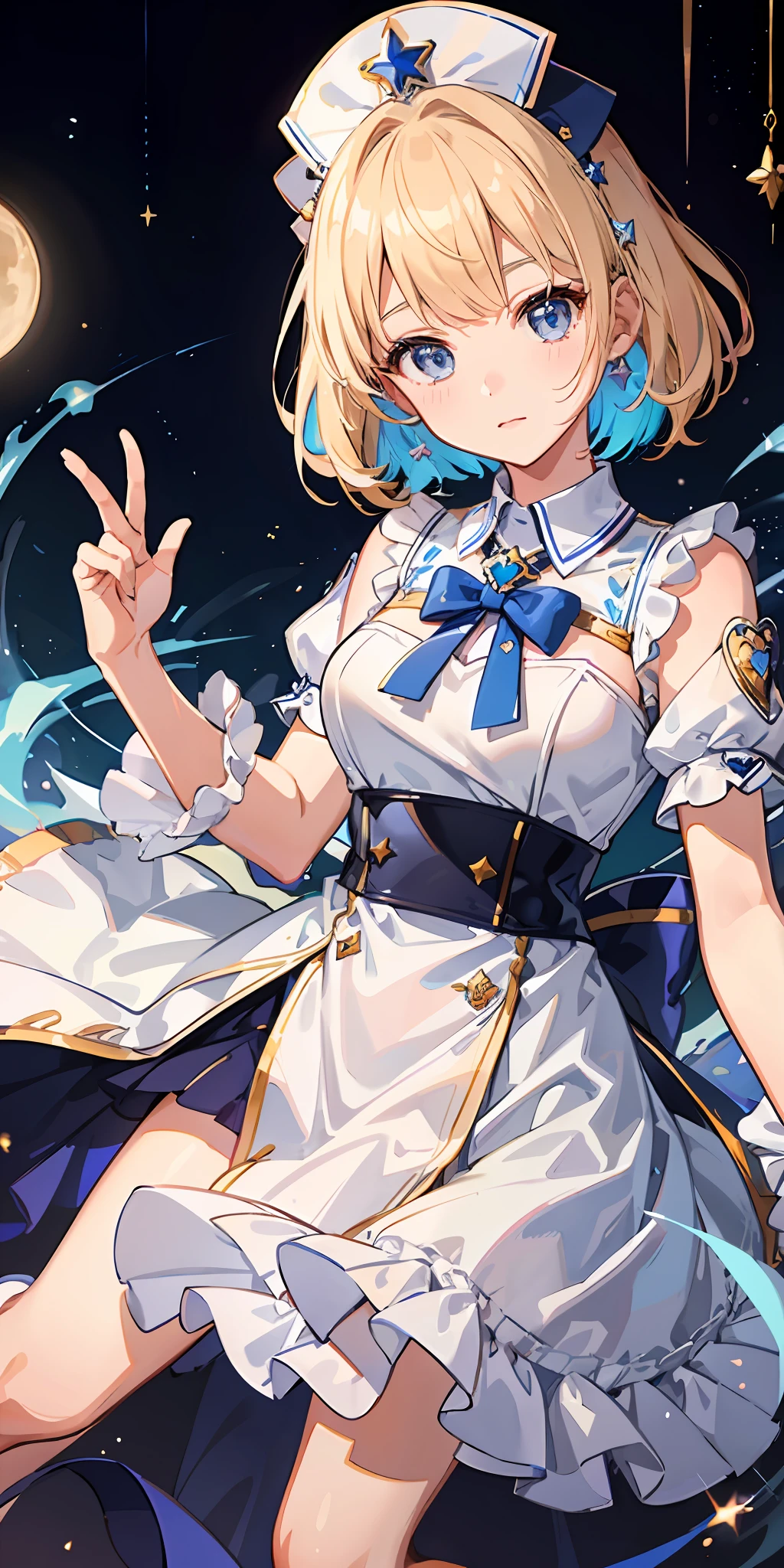 1girl, bright, blonde, light blue eyes, heart motif, star, moon, short hair, uniform bangs, multicolored hair, princess, saleme, side lights, light particles, wallpaper, big,, idol, idol costume, cute costume, fabulous outfit, dress, nurse clothes, loose, fluffy, gentle, clear, loli, sexy