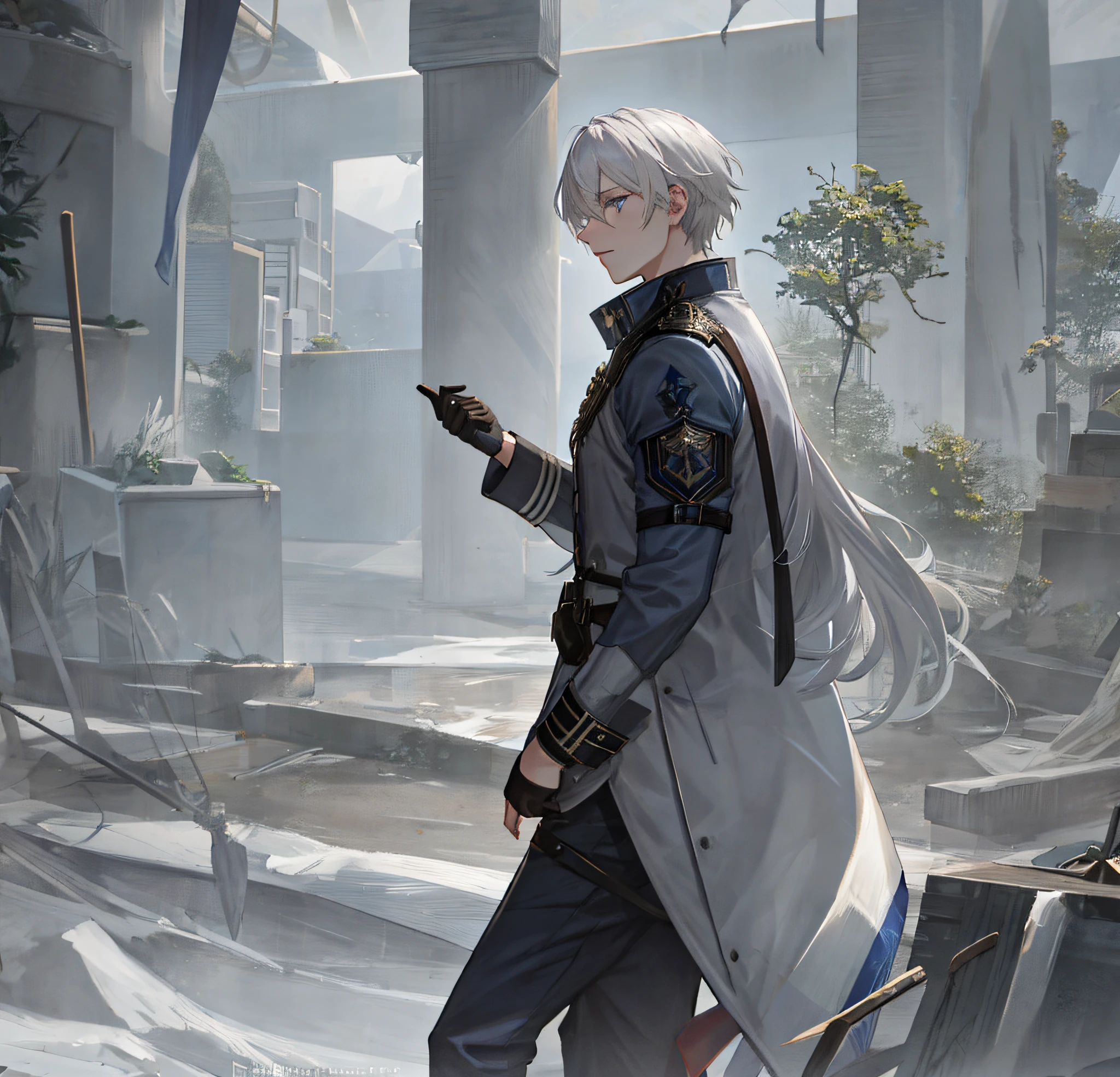 a male, An exquisitely detailed and beautifully rendered CG artwork featuring the epic, blue-eyed protagonist Gojou Satoru while standing at the violent storms, Grey coat, Empty of people, blue pants, (loss and despair:1.2), ((smooth ice:1.2)), (dark nights:1.2), ((white hair:1.2)), (loneliness of despair:1.2), (overgrown nature:1.2), styled with a captivating hairdo, accentuated with bangs and hair between eyes,     highlighting his distinctive and stylish white and short hair, This dynamic composition expertly showcases his strong male focus, in a manner that captivates and intrigues viewers