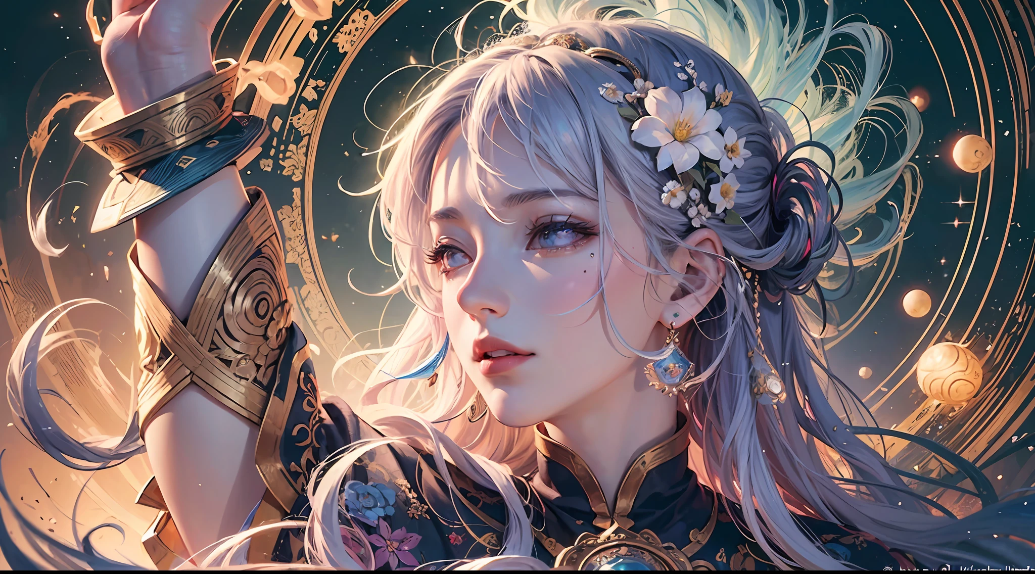 official art, Unity 8k wallpaper, ultra detail, aesthetics, masterpiece, best quality, (realistic:1.2), (zen, mandala, tangled, tangled), 1 boy, cowboy shot, ecstatic flowers, dynamic pose, most beautiful forms of chaos, elegant, fauvist design, bright colors, romanticism, atmosphere <lora: Xuanyuan wonderland --auto --s2