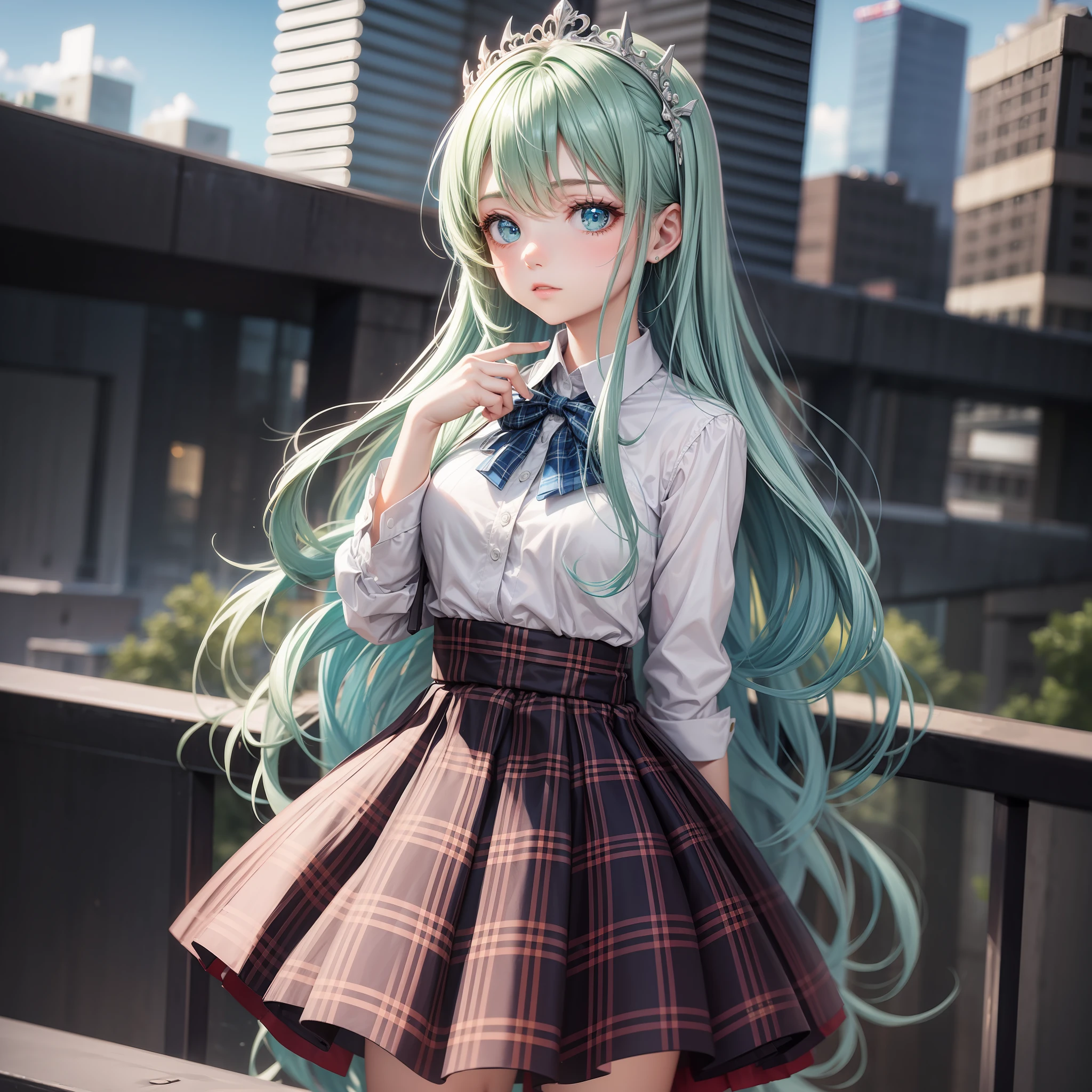 1girl, (masterpiece:1.1), (best quality:1.1), (white blouse:1.1), (plaid skirt:1.1), school uniform, high waist skirt, BREAK [blue:pink:0.5] theme, (Urban Background: 1.1), denim lens, break silver, long hair, green eyes, delicate tiara, sideways, --auto --s2