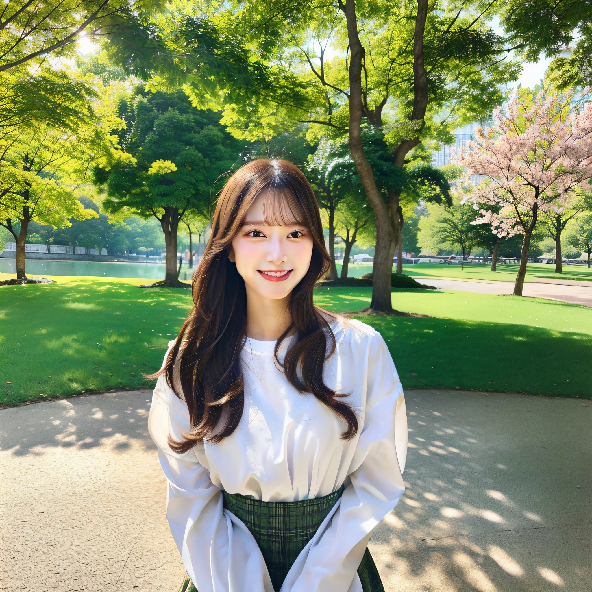 Spring in the park, long hair hanging down to the waist, supple skin, gentle smile. The parts are bright and the atmosphere is natural and comfortable.