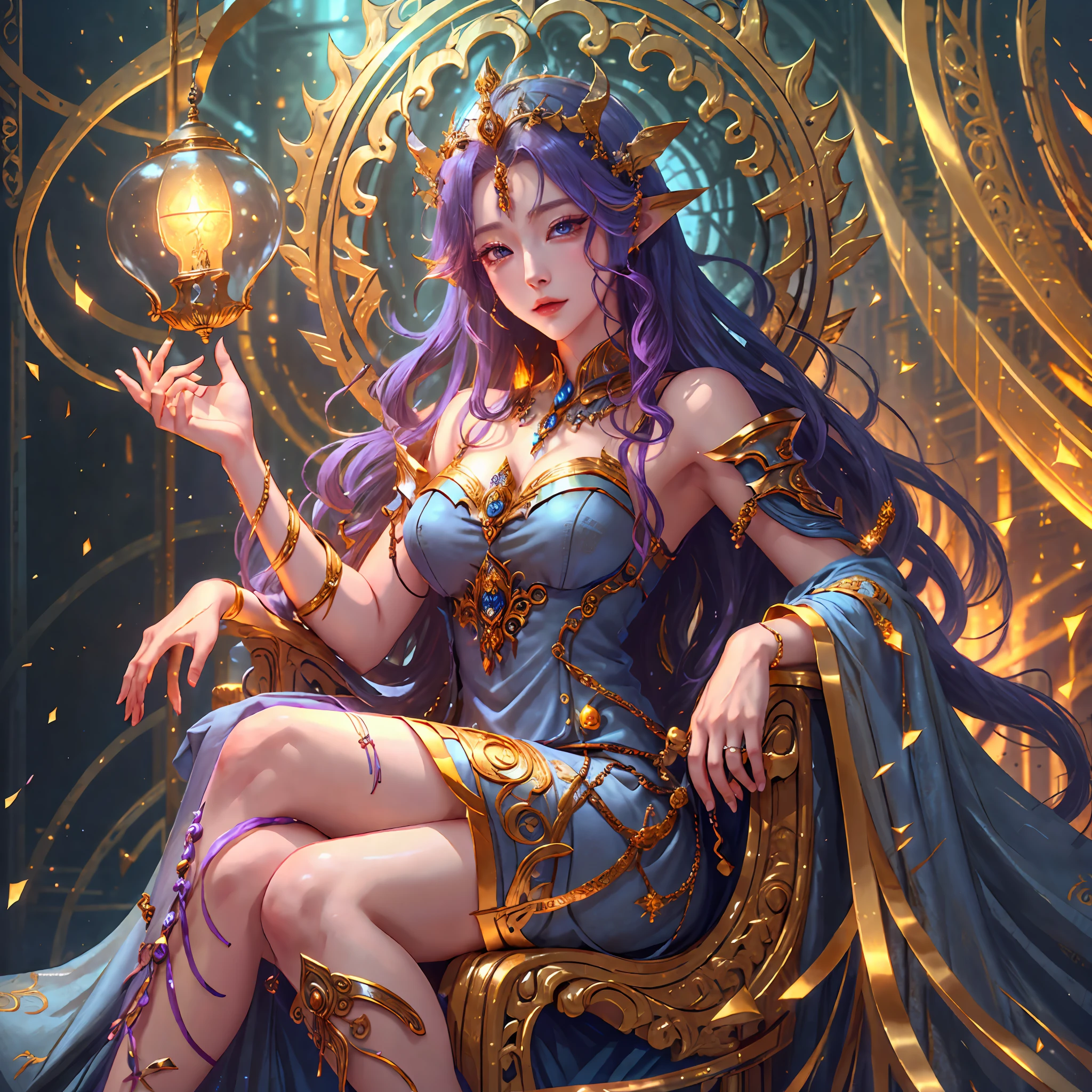 Arakfi sits on the throne with a lamp and a lamp, a beautiful fantasy queen, (a beautiful fantasy queen), ((in a blue dress))), on her throne, the anime goddess, sitting on the gilded throne, sitting on her throne, goddess. Extremely high detail, 2.5D CGI anime fantasy artwork, sitting on an intricate throne, 8K high quality detail art, beautiful and elegant demon queen --auto --s2