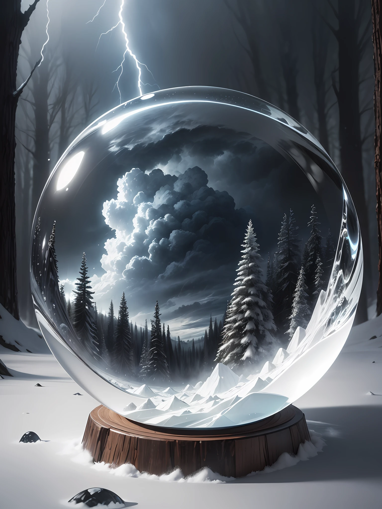 Ultra-realistic, 16K high resolution, (Max Sharp Focus: 1.3), (Max Close-up: 0.5), (Thawing creek trapped in a crystal perfect ball with pedestal: 1.7), (Forest, Storm, Black Clouds, Lightning, Fantastic Mist, Near Future: 1.3),