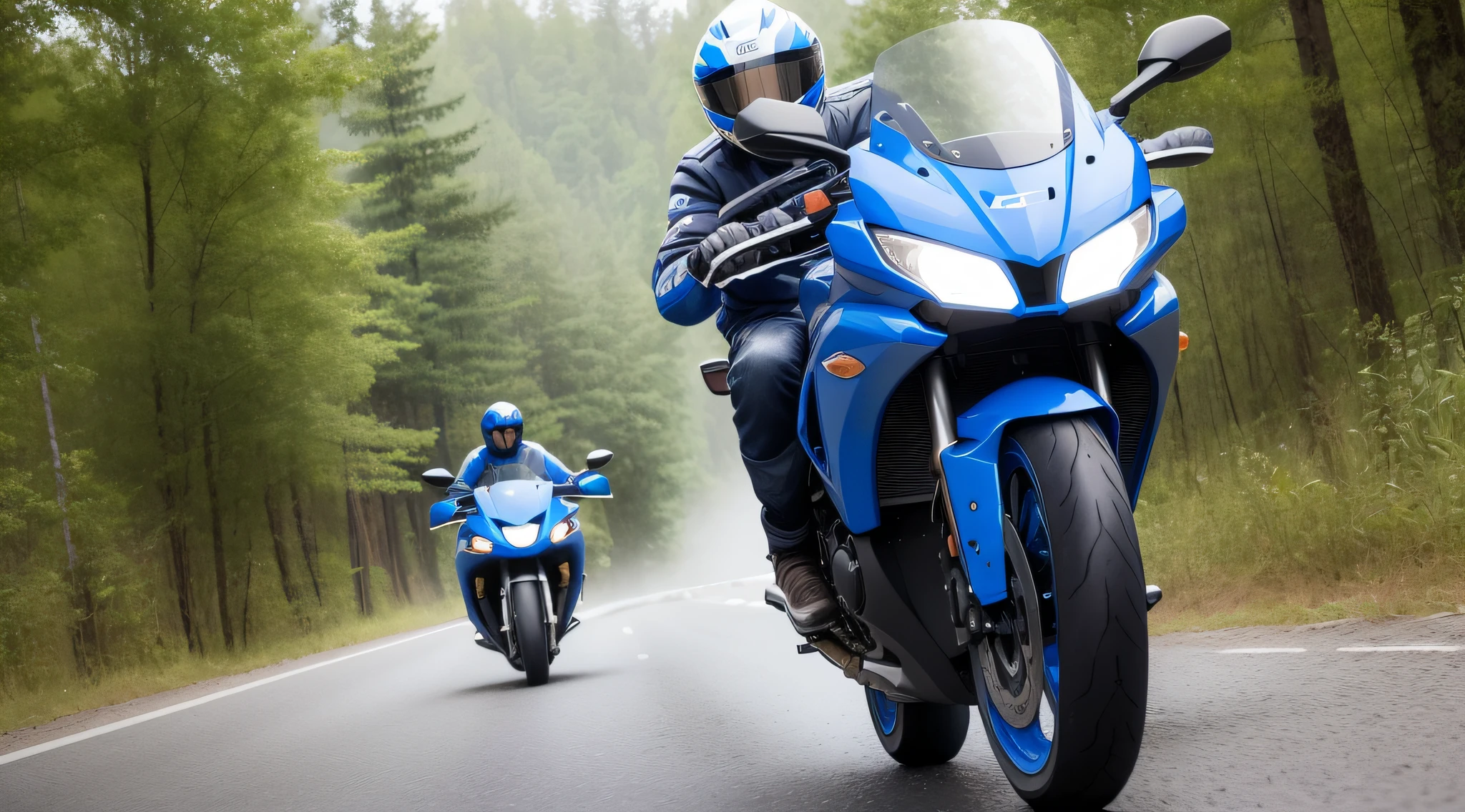 [Illustration storyboard] comic page, there are multiple pictures on one page: a Chinese man riding a blue and white motorcycle, braving the wind and rain, driving on a road in the mountains and forests (back, driver's view), tires splashing water (GoPro, f/2.8, motion blur, diffuse backlight). [Multi-angle continuous shooting] in Nicolas Bouvier's style, cobalt blue and reflective silver, motion picture film P30, split composition