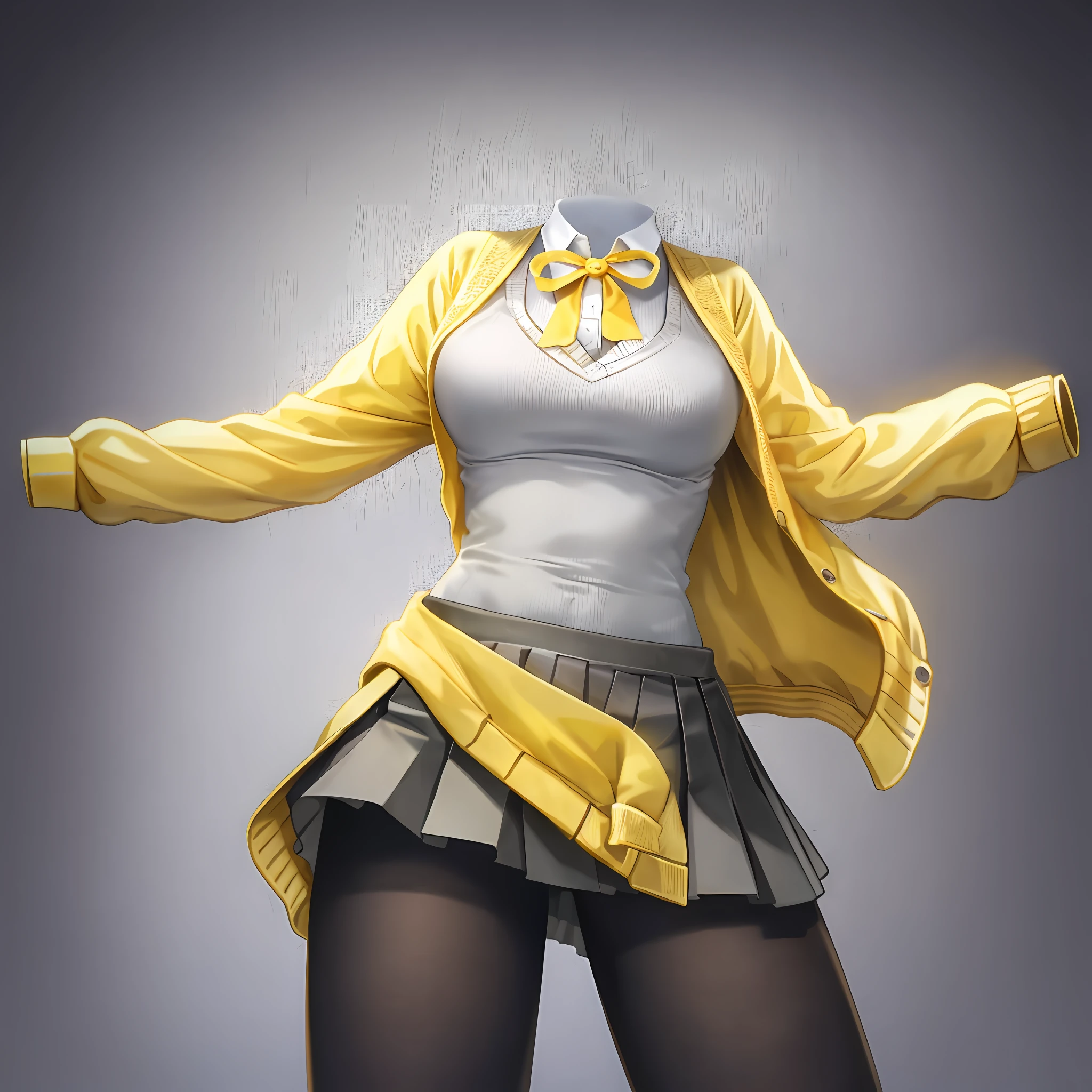 invisible, headless, faceless, masterpiece, best quality, large breasts, yellow neck-ribbon, yellow cardigan sweater, gray pleated skirt, tights, simple background, accurate body, 1girl,