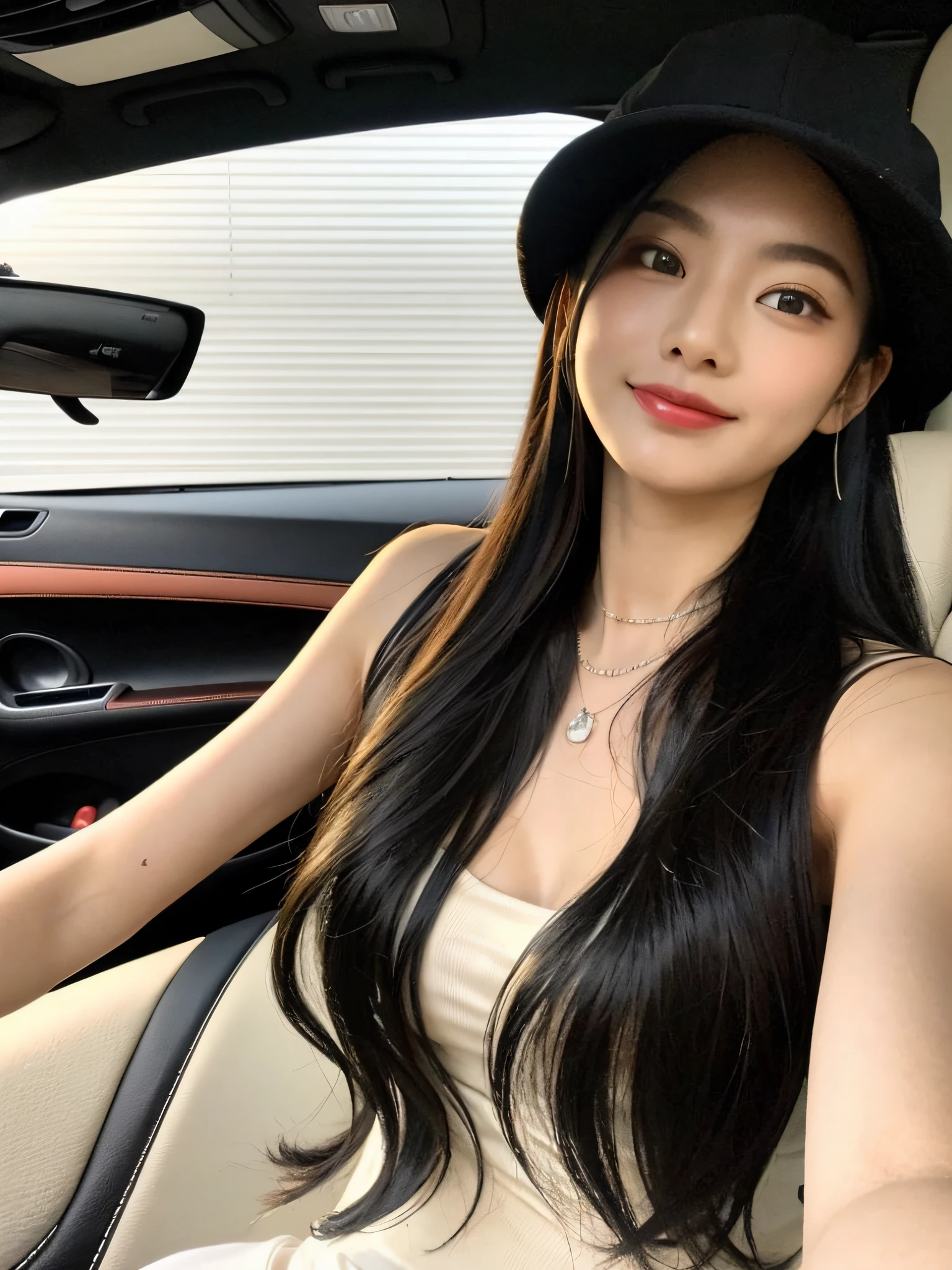 1girl, hat, solo, jewelry, necklace, looking at viewer, car, black hair, white headwear, tank top, ground vehicle, motor vehicle, lips, smile, realistic, v, ribbon, upper body, black eyes, breasts, sleeveless, long hair, tree, car interior