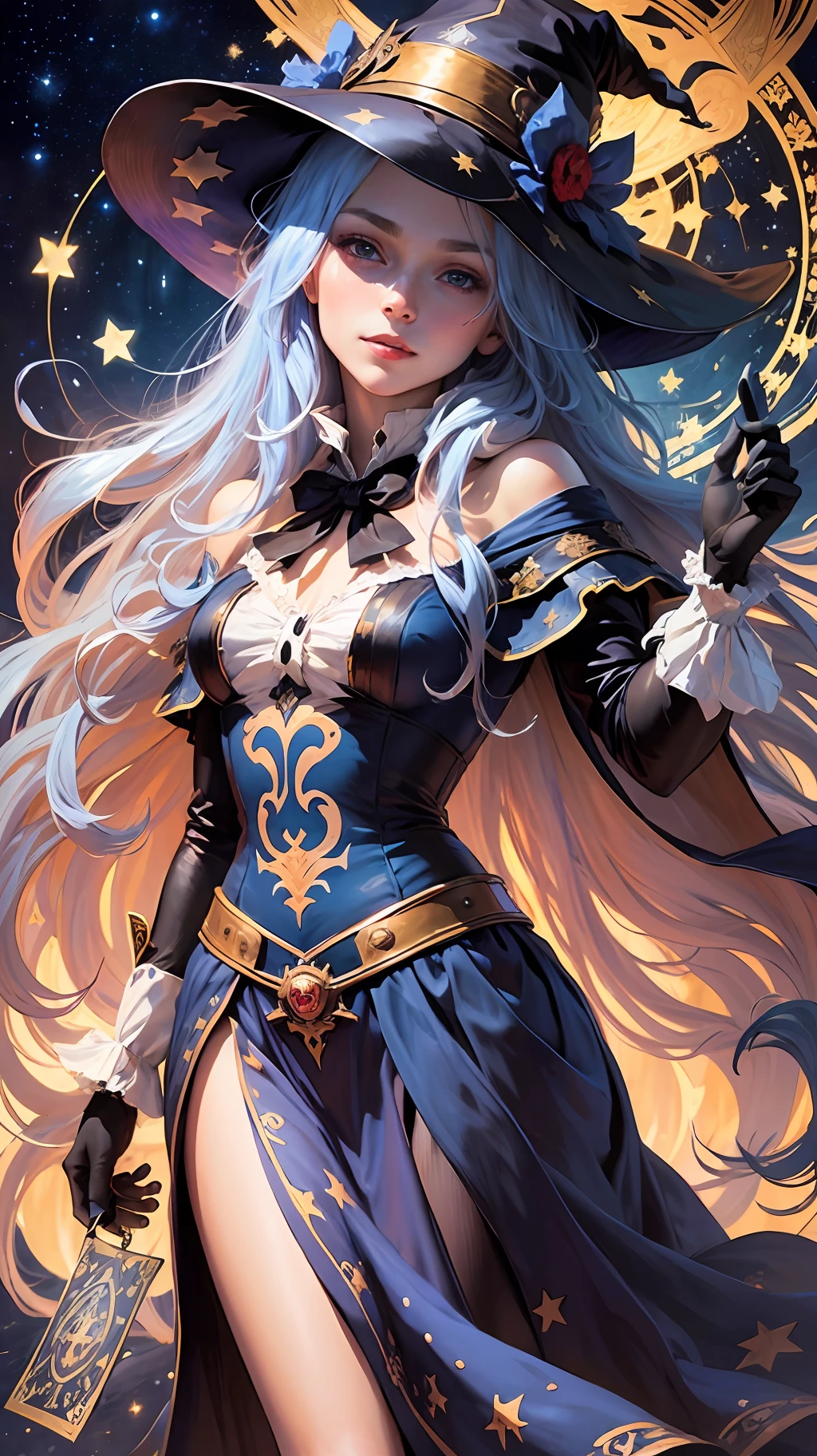 ((masterpiece:1.2, best quality)), 1girl, solo, (witch hat), blonde, long hair, skirt, aurora, night, stars (sky), gloves, sky, white skirt, night sky, mouth open, starry sky, blue Eyes, Ribbons, Long Hair, Red Dress, Smile, Headband, Cape, Blue Hair, (Bird), Magic, Spellcasting, Dark Clouds, Night, (Impressionism: 1.4), (Tarot: 1.3), Alphonse Mucha, --auto --s2