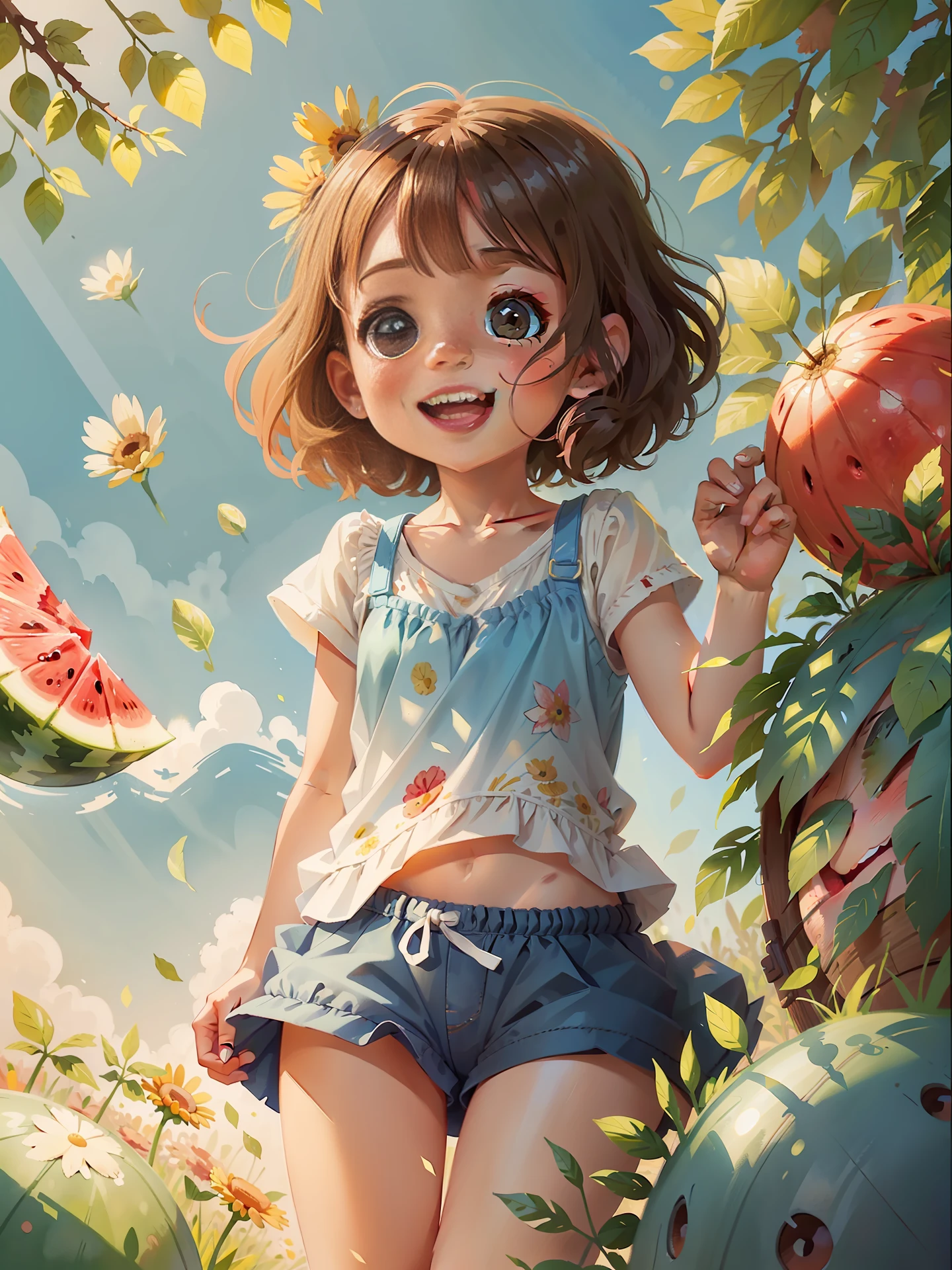 Summer scene, sunny, perfect light and shadow, high-key style, low saturation, super details, happy little girl, ball head, cut watermelon, illustration style, watercolor style, more details, no flowers, more background