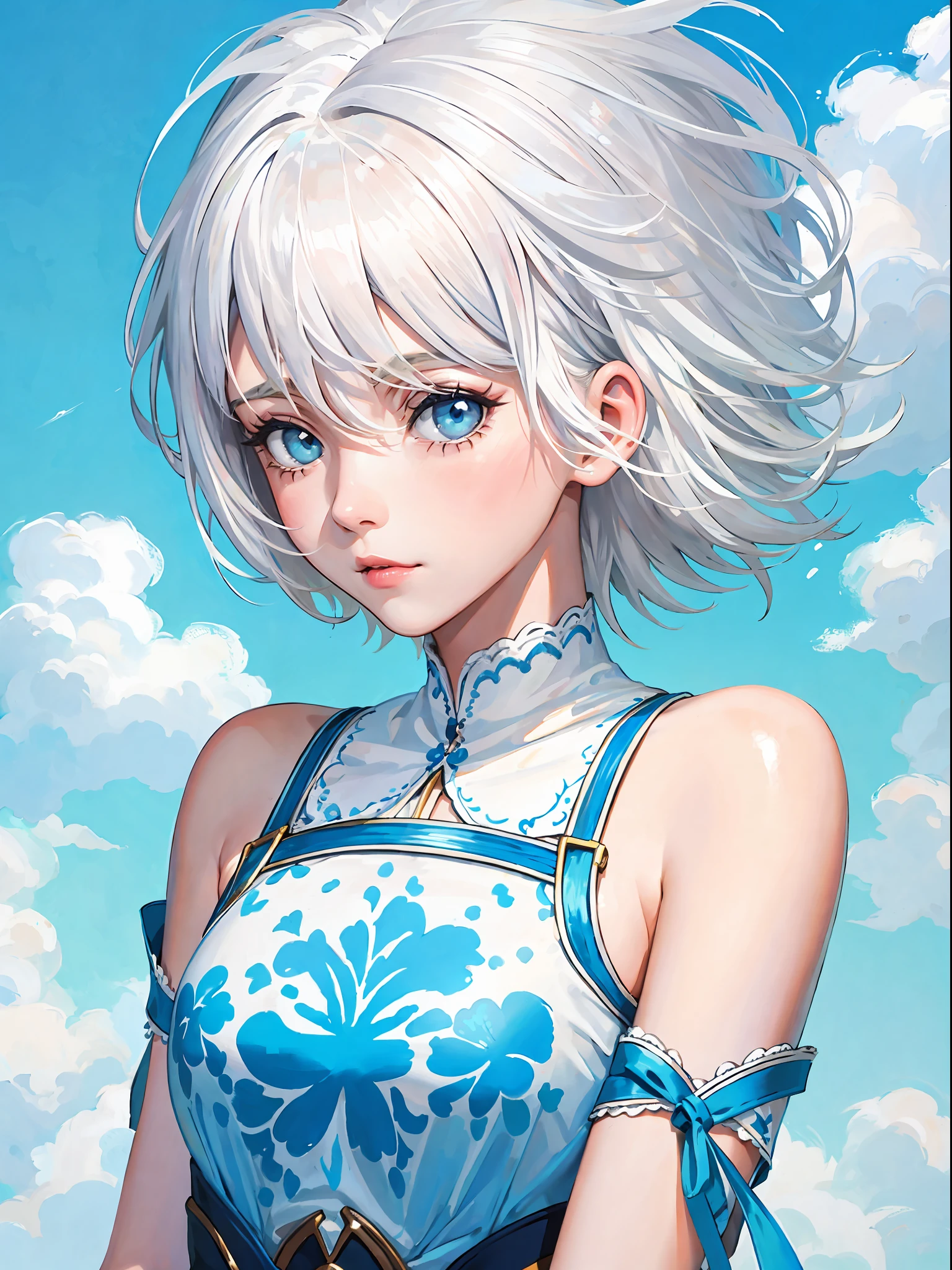 Masterpiece, highest quality, illustration, (painting: 1.3),(Polka dot t-shirt: 1.9),(white hair:1.8), short hair, big eyes, long lashes, blue-eyed girl, beautiful girl, white shoulder shirt, super detailed, beautiful detailed face, blue gradient, light blue splash, splash, light blue splash, masterpiece, white hair, shining light blue eyes, upper body, bare shoulders, bare shoulders, bare shoulderes,, 16 years old, from the side, looking here, resolution max, super babe, light blue sky, dynamic angle, thin paint style, messy lines, top quality, masterpiece, high saturation, paint, beautiful makeup, mouth closed,