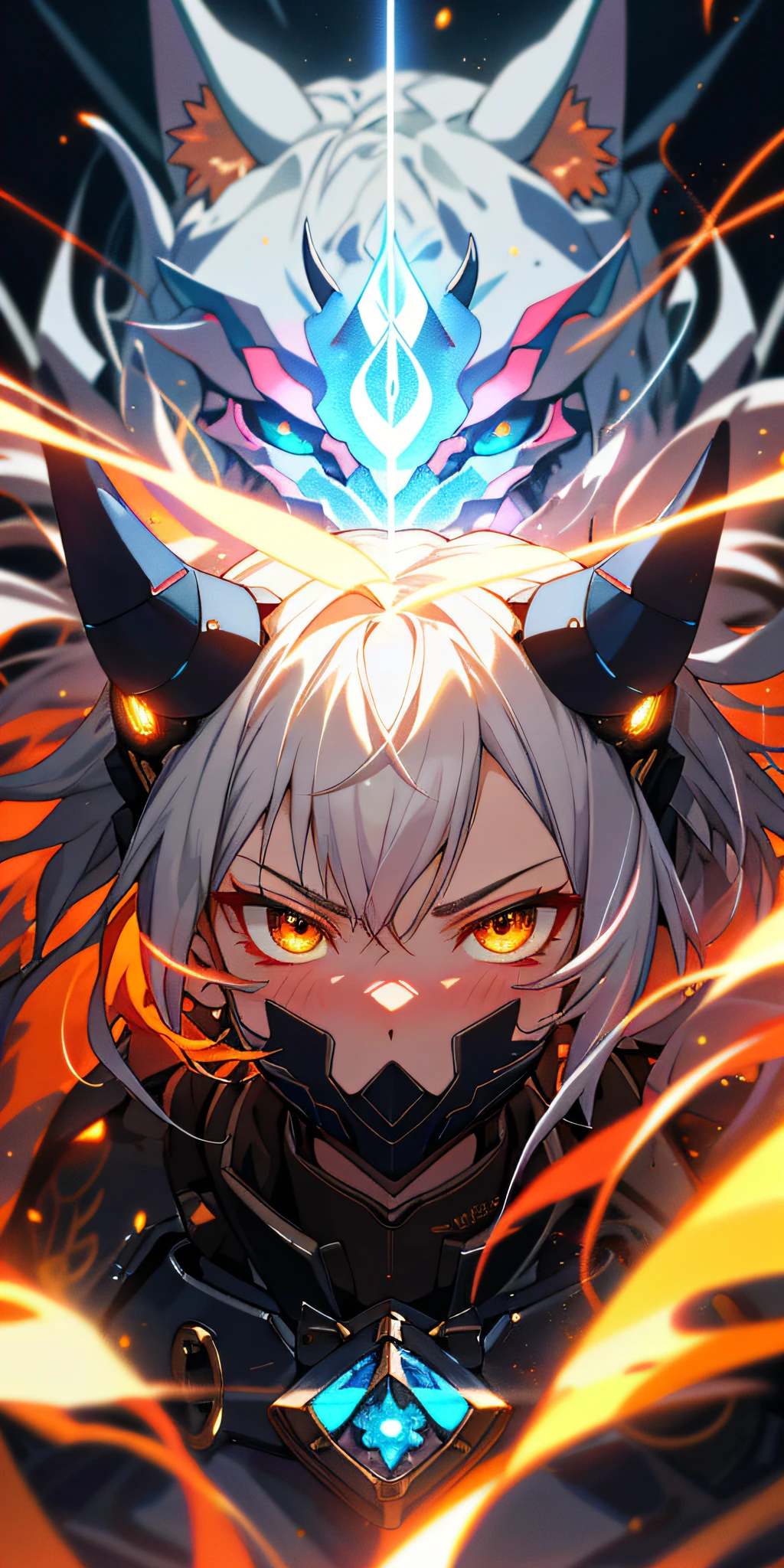 Masterpiece Anime Robot beutiful flower ice skin golem cat girl magic, aesthetic_eyes, detailed eyes, demon horn, mask, wings, glowing, random fantasy hair, multicolored hair, body detailed, random very angry face, detailed face, Saenyo Ancalagon Anthropomorphic majestic Guardian | Portrait | finely detailed obsidian and Diamond armor | cinematic lighting | intricate filigree metal design | 8k | unreal engine | octane render | ahegao, detailed face, highly detailed, fantasy background, blush, cat_ears_earrings hair_ornament highres jewelry triple_earring, detailed all, solo, fightning stance, magic circle, electrification, lightning effect, ray tracing, detailed all, show your ability A.I, 4K Ultra HD. add face mask, add fullface mask, mouth and nose covered by mask, glowing eyes, amber hair, particle glowing, 4K Wallpaper,