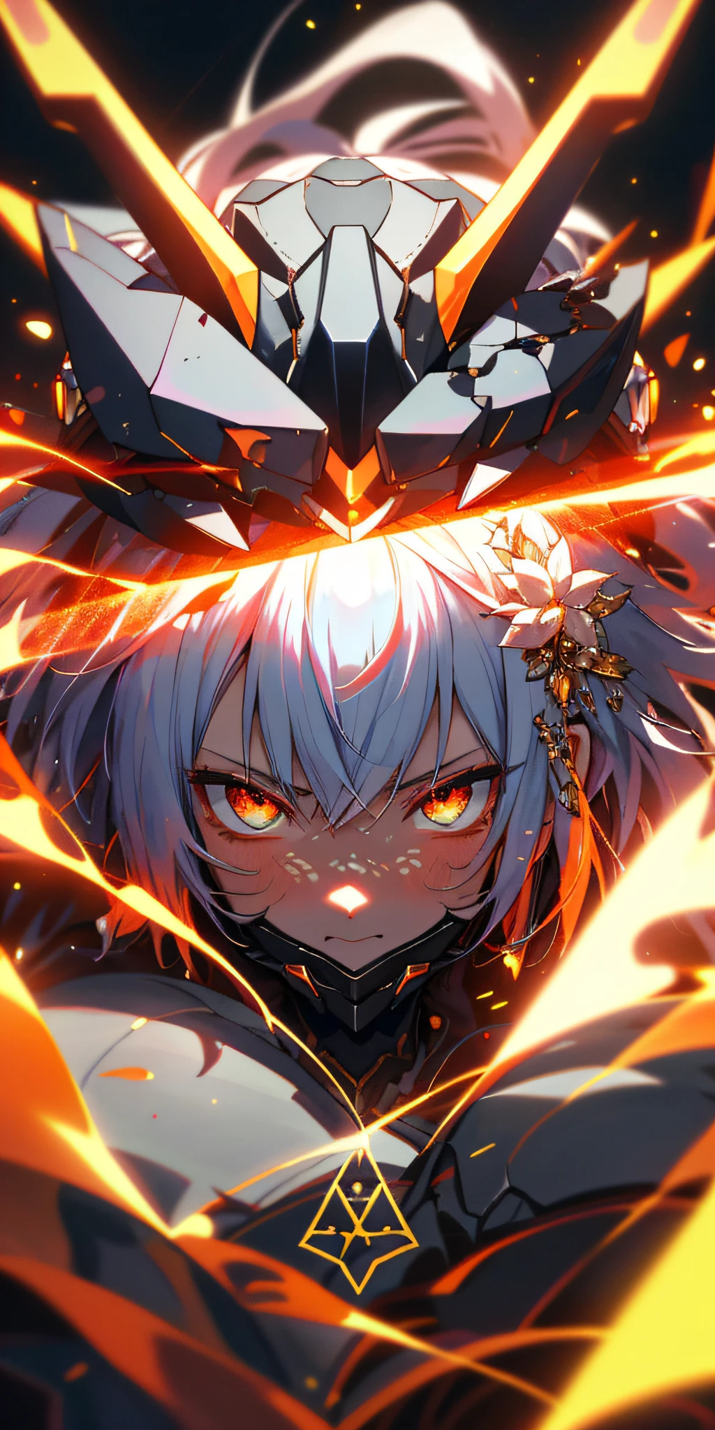 Masterpiece Anime Robot beutiful flower ice skin golem cat girl magic, aesthetic_eyes, detailed eyes, demon horn, mask, wings, glowing, random fantasy hair, multicolored hair, body detailed, random very angry face, detailed face, Saenyo Ancalagon Anthropomorphic majestic Guardian | Portrait | finely detailed obsidian and Diamond armor | cinematic lighting | intricate filigree metal design | 8k | unreal engine | octane render | ahegao, detailed face, highly detailed, fantasy background, blush, cat_ears_earrings hair_ornament highres jewelry triple_earring, detailed all, solo, fightning stance, magic circle, electrification, lightning effect, ray tracing, detailed all, show your ability A.I, 4K Ultra HD. add face mask, add fullface mask, mouth and nose covered by mask, glowing eyes, amber hair, particle glowing, 4K Wallpaper,