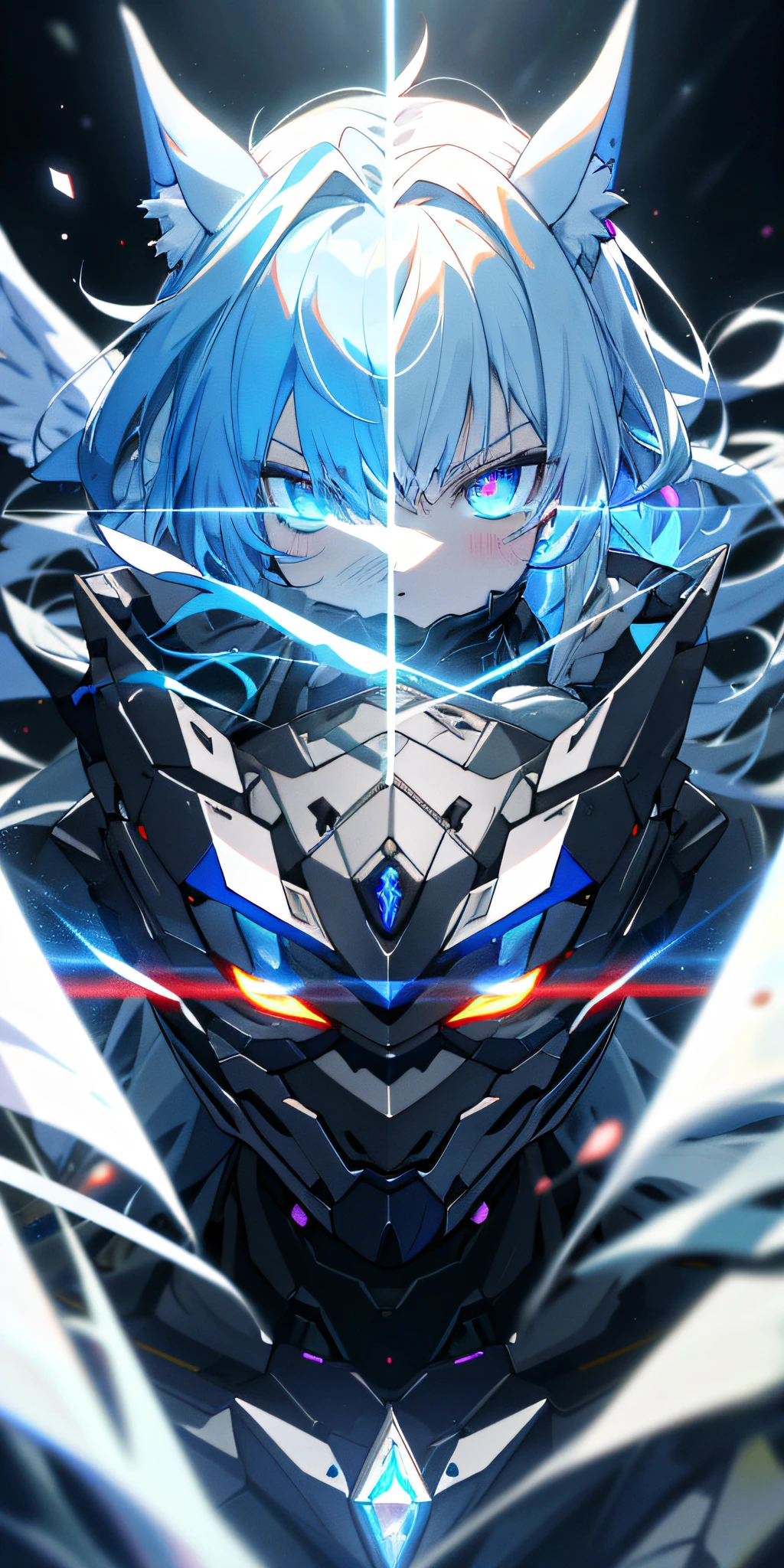 Masterpiece Anime Robot beutiful flower ice skin golem cat girl magic, aesthetic_eyes, detailed eyes, demon horn, mask, wings, glowing, random fantasy hair, multicolored hair, body detailed, random very angry face, detailed face, Saenyo Ancalagon Anthropomorphic majestic Guardian | Portrait | finely detailed obsidian and Diamond armor | cinematic lighting | intricate filigree metal design | 8k | unreal engine | octane render | ahegao, detailed face, highly detailed, fantasy background, blush, cat_ears_earrings hair_ornament highres jewelry triple_earring, detailed all, solo, fightning stance, magic circle, electrification, lightning effect, ray tracing, detailed all, show your ability A.I, 4K Ultra HD. add face mask, add fullface mask, mouth and nose covered by mask, glowing eyes, amber hair, particle glowing, 4K Wallpaper,