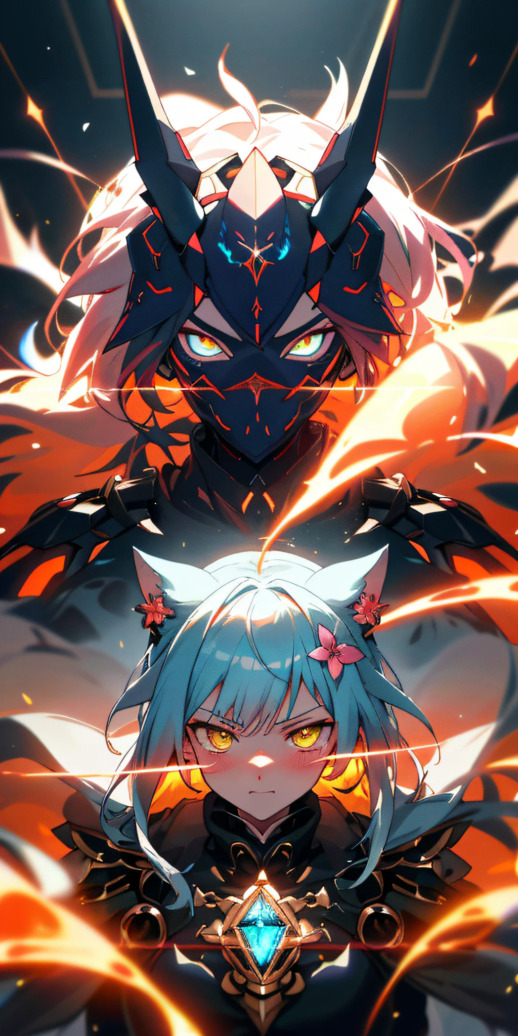 Masterpiece Anime Robot beutiful flower ice skin golem cat girl magic, aesthetic_eyes, detailed eyes, demon horn, mask, wings, glowing, random fantasy hair, multicolored hair, body detailed, random very angry face, detailed face, Saenyo Ancalagon Anthropomorphic majestic Guardian | Portrait | finely detailed obsidian and Diamond armor | cinematic lighting | intricate filigree metal design | 8k | unreal engine | octane render | ahegao, detailed face, highly detailed, fantasy background, blush, cat_ears_earrings hair_ornament highres jewelry triple_earring, detailed all, solo, fightning stance, magic circle, electrification, lightning effect, ray tracing, detailed all, show your ability A.I, 4K Ultra HD. add face mask, add fullface mask, mouth and nose covered by mask, glowing eyes, amber hair, particle glowing, 4K Wallpaper,