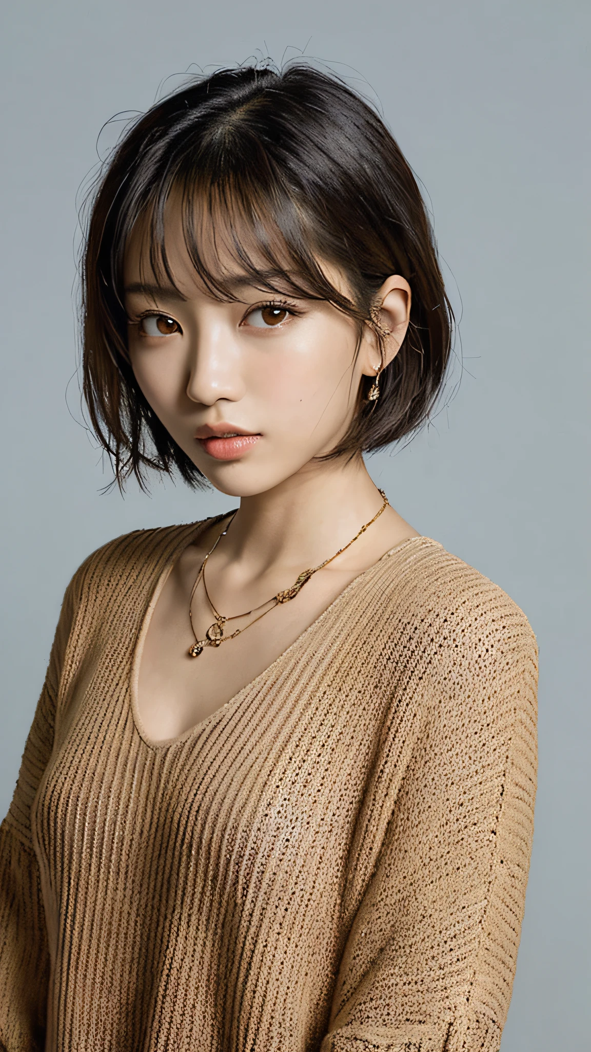 arafed asian woman with a necklace and a sweater posing for a picture, with short hair, 奈良美智, kiko mizuhara, japanese model, by Yamagata Hiro, sui ishida with black hair, deayami kojima, chiho, yuuka kazami, portrait of female korean idol, chiho ashima