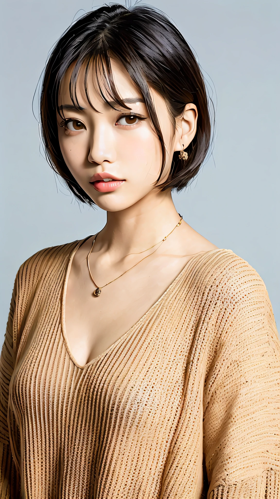 arafed asian woman with a necklace and a sweater posing for a picture, with short hair, 奈良美智, kiko mizuhara, japanese model, by Yamagata Hiro, sui ishida with black hair, deayami kojima, chiho, yuuka kazami, portrait of female korean idol, chiho ashima