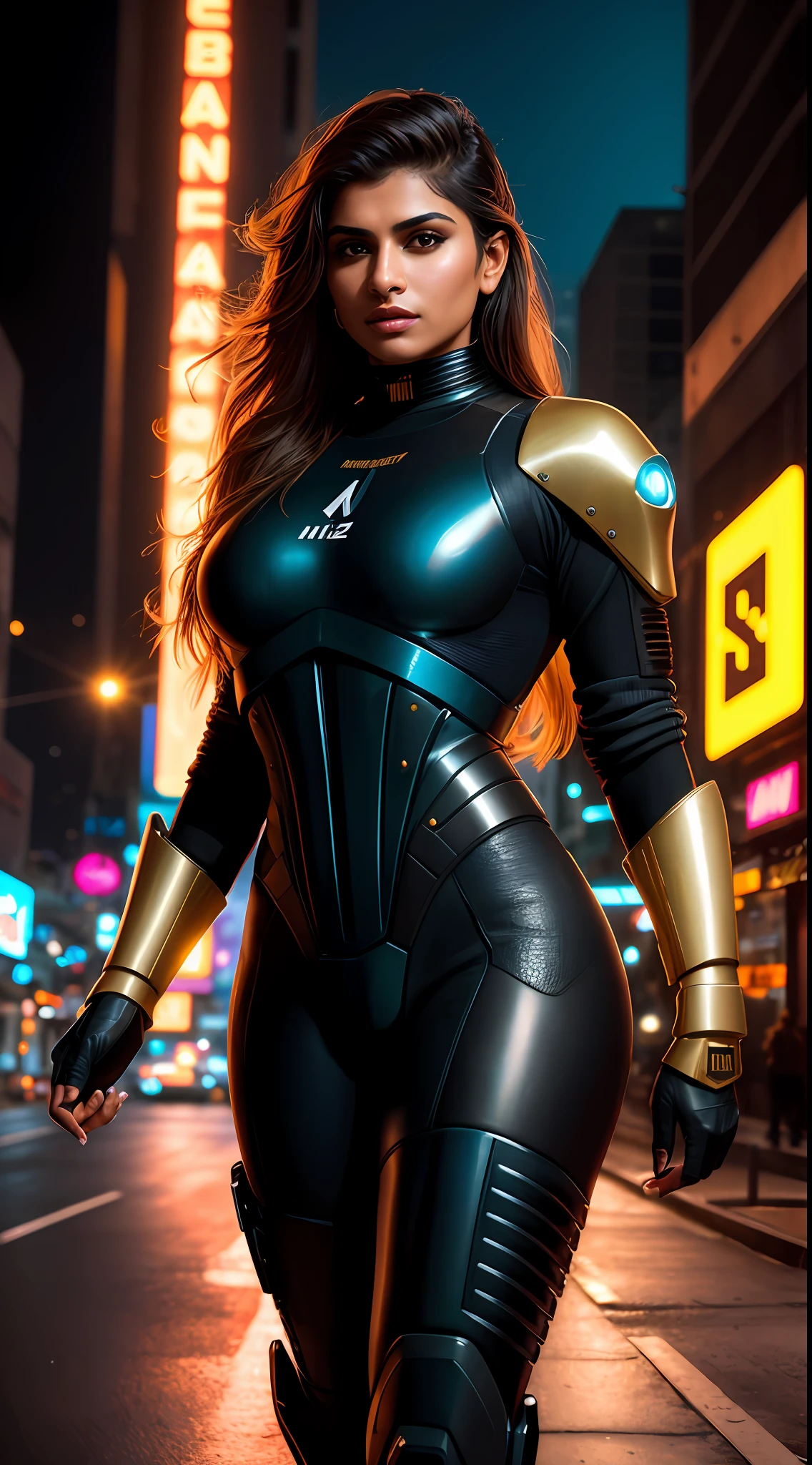 Masterpiece, a beautiful Mia Khalifa wearing a starship troopers suit, straight long hair, lipstick, in a street bustling with neon signs, aesthetic starship troopers, cyberpunk aesthetics, long hair, very detailed lighting, dramatic, digital art trend in Artstation 8k HD detailed realistic high definition, detailed, skin texture, hyper detailed, realistic skin texture, armor, best quality,  ultra high res, (photorealistic: 1.4), high resolution, detailed, Raw photo, Sharp Re, by Lee Jeffries Nikon D850 Film Stock Photography 4 Kodak Portra 400 Camera F1.6 Lens Rich Colors Hyper Realistic Realistic texture Dramatic lighting UnrealEngine trend in ArtStation Cinestill 800