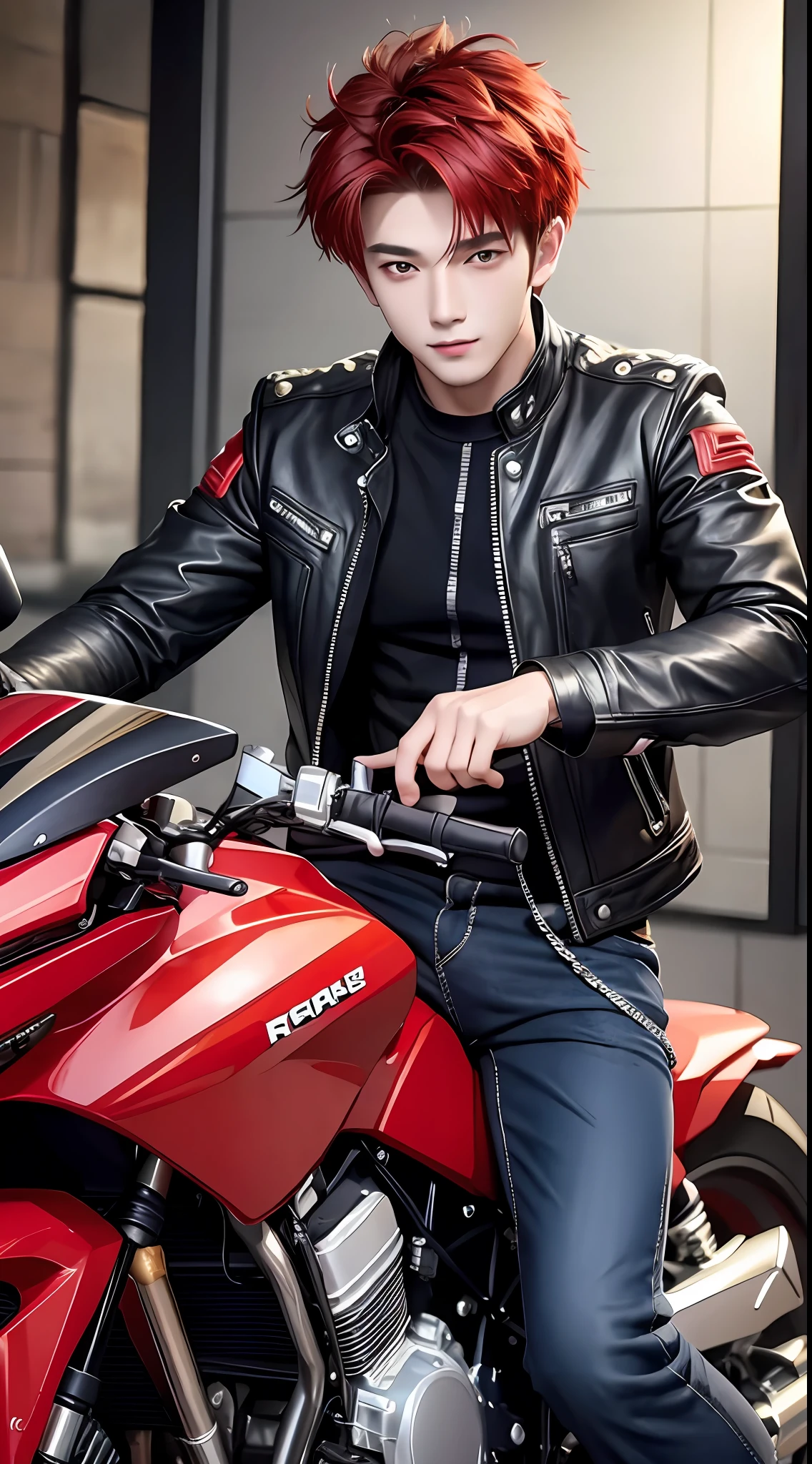 ((Masterpiece)), (Best Quality), ((Masterpiece)), (Best Quality), (Details), (Details), (1 boy),Male in his 20s Spiky red hair, Black eyes, Lean, Handsome, , 8K, Details, Riding a motorcycle.