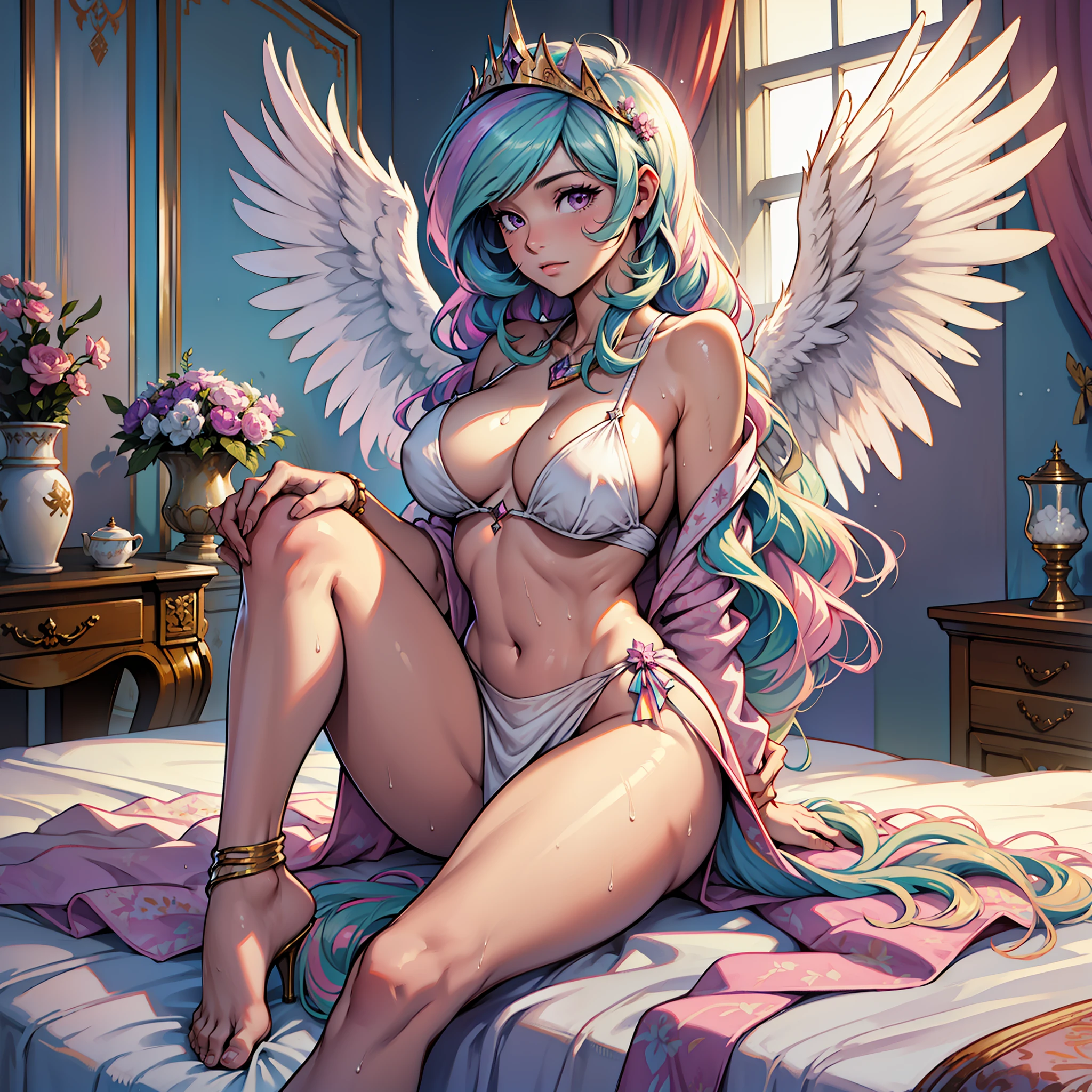 Celestiahuman, Princess Celestia from my little pony, Princess Celestia in the form of a girl, naked, big breasts, lush breasts, voluminous breasts, elastic breasts, on the bed, legs apart, visible whole body, white sheets, sweat, wet with sweat, shin, heels, feet, five fingers, detailed hands, Big white angel wings behind the back, white feathers, royal bedroom, bare feet, pink fluffy robe,  Only a bathrobe is worn