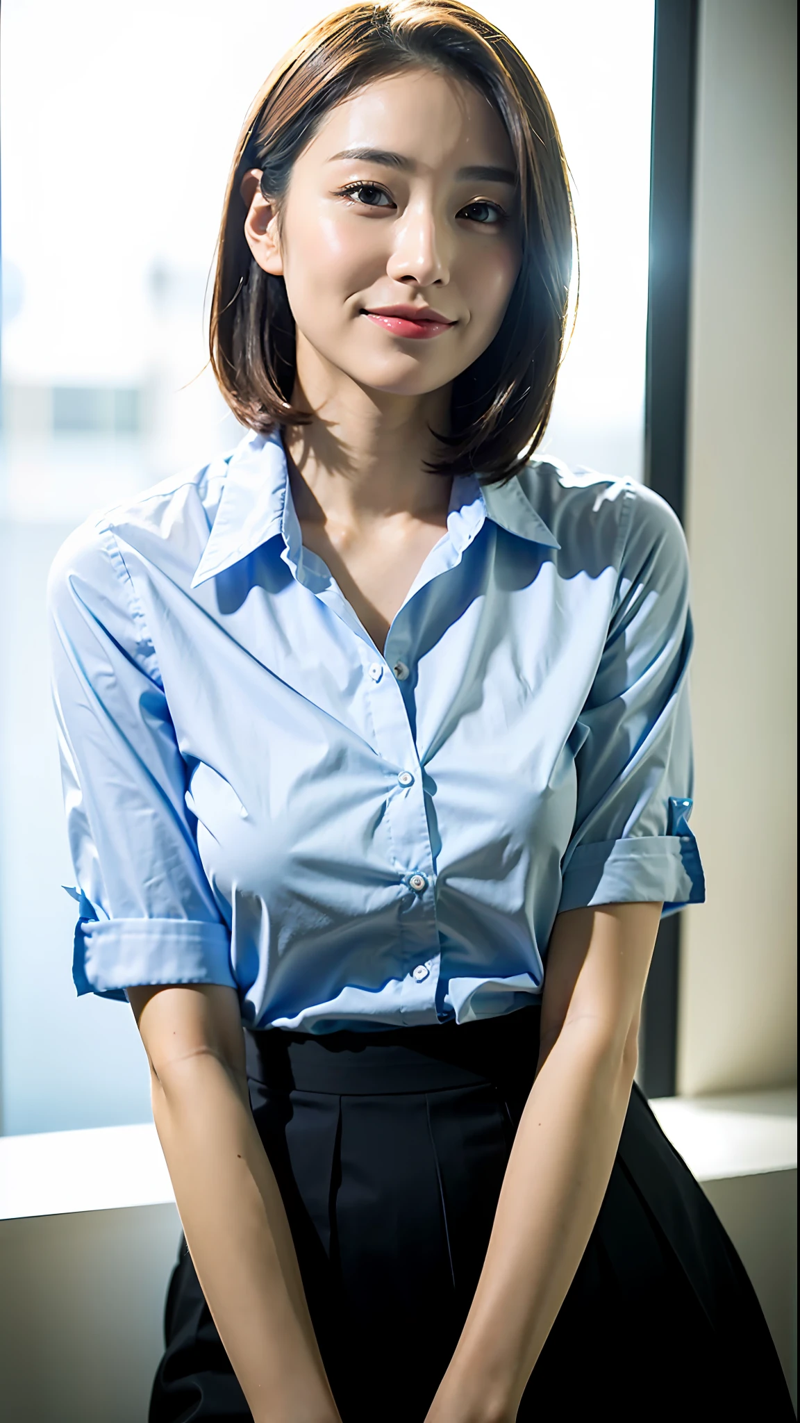 (Best Quality, 8k, 32k, Masterpiece, UHD: 1.2), 1 girl, 20 years old, Beautiful perfect face, clean Japan, Big, Office lady, Office, Soft smile, Beautiful eyes, Intricate details, Fine skin, Short hair,