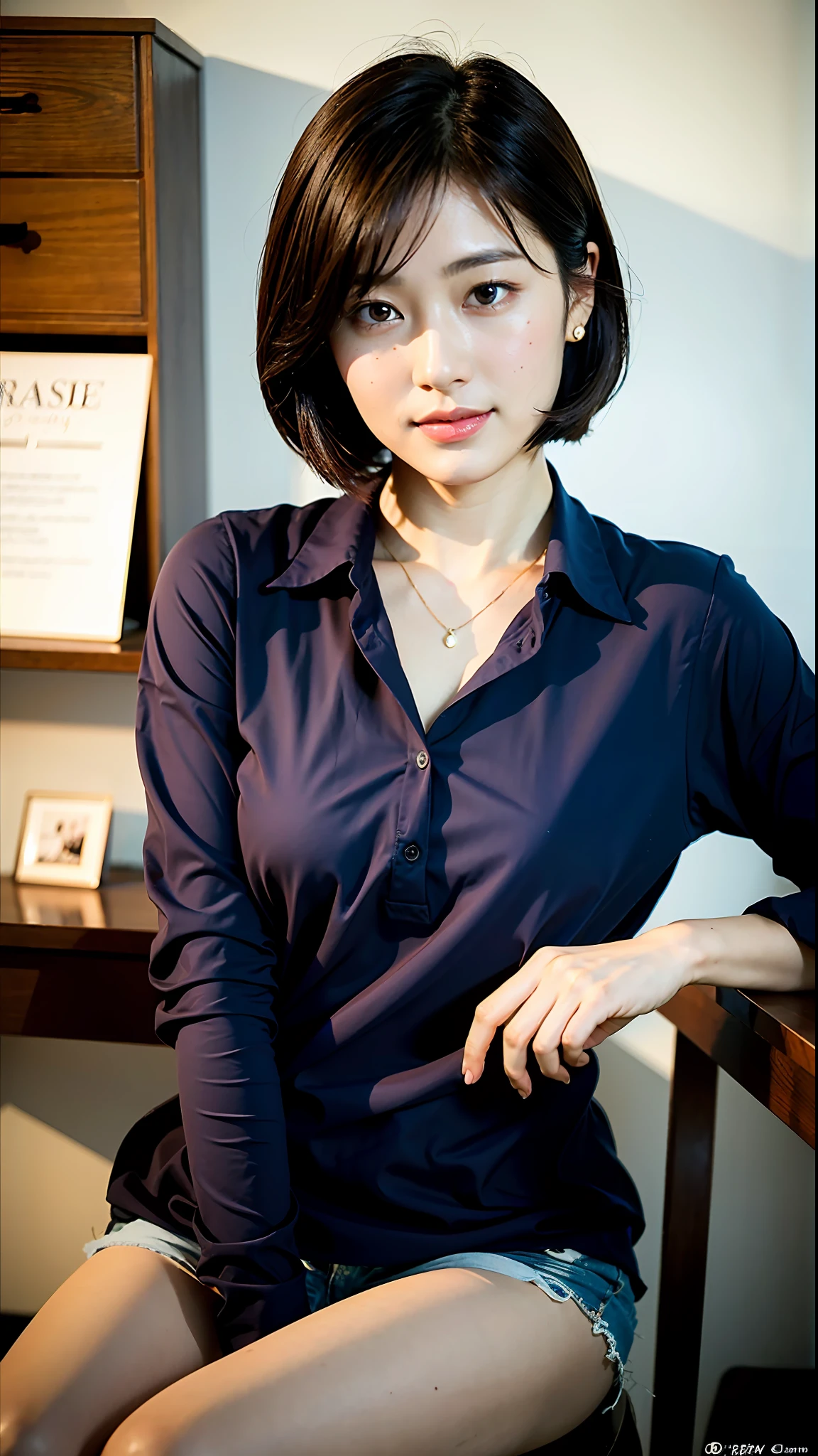 (Best Quality, 8k, 32k, Masterpiece, UHD: 1.2), 1 girl, 20 years old, Beautiful perfect face, clean Japan, Big, Office lady, Office, Soft smile, Beautiful eyes, Intricate details, Fine skin, Short hair,