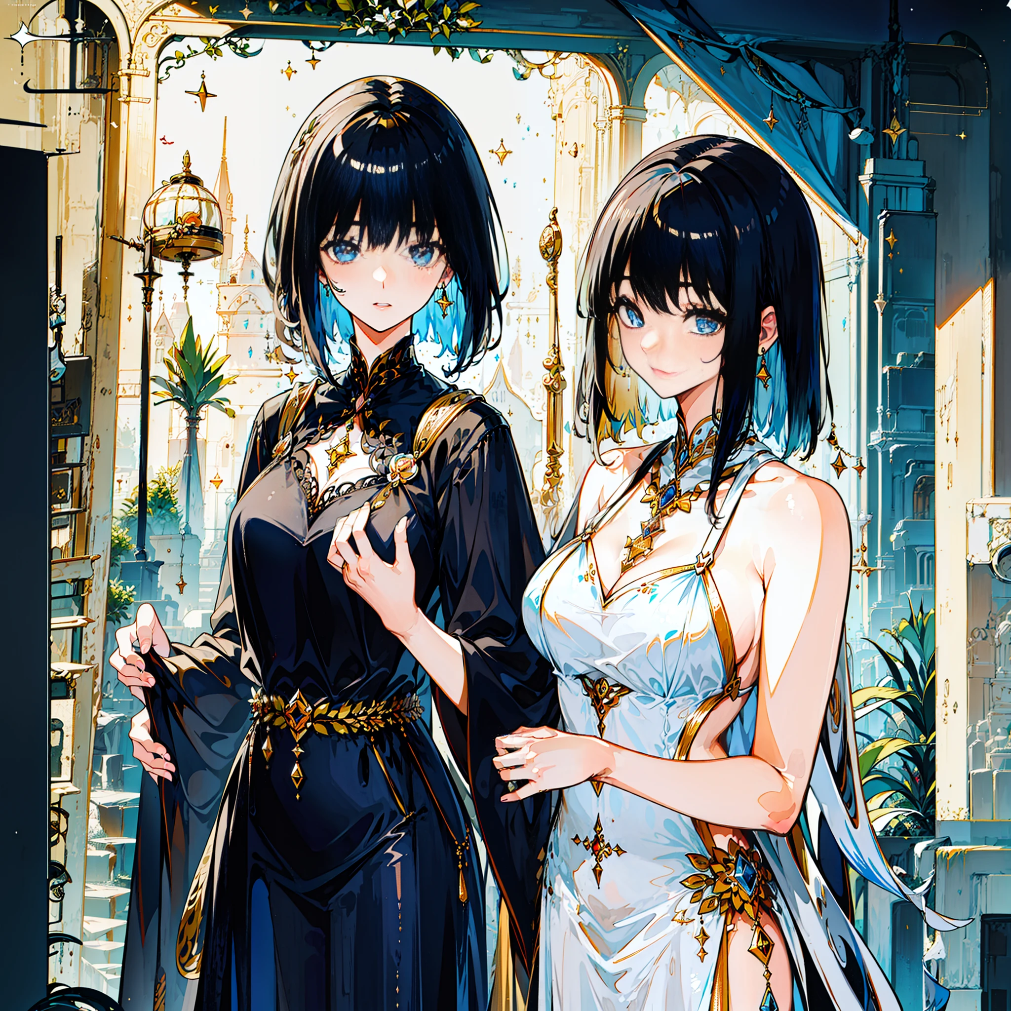 two women, princess hugging, black hair, short cut, stylish, staring at each other, slightly wet, love,