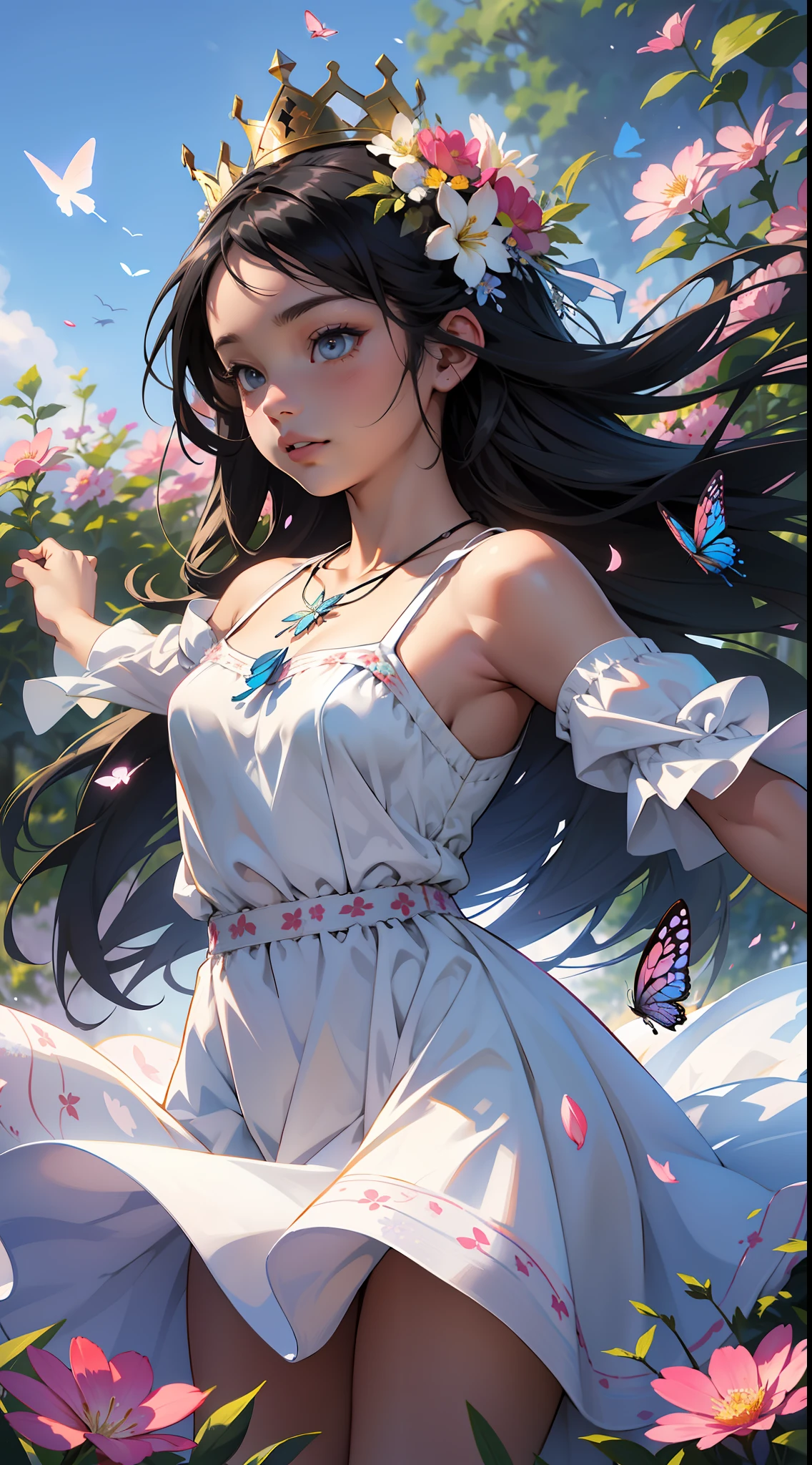 ((SFW)),Masterpiece, High Quality, ((Photoreal))), Cinematic Direction, (High Contrast), Depth of Field, (Award-winning Difference Photo), Face Details, Detailed Drawing, There is a place in the forest where flowers bloom, Girl dancing in a snow-white summer dress in that flower field, Girl is 11 years old, Very long hair with black hair, Summer sky, Summer clouds, Summer dazzling sunlight, Flower garden, Girl with open arms, necklace, crown of flowers, butterfly, fluttering petals, dynamic movement, dance,