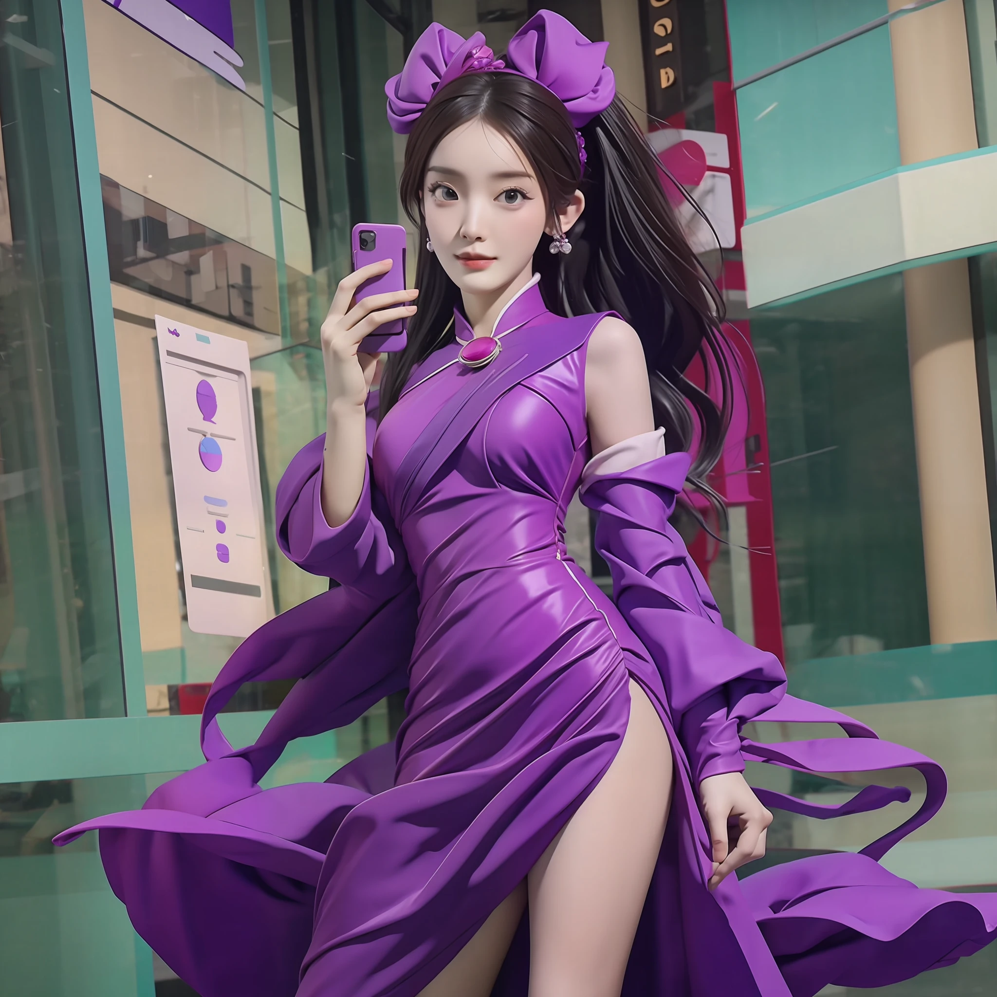 a woman in a purple dress holding a cell phone, android body, li bingbing, beautiful android woman, android mystic, duy beni serial, dilraba dilmurat, hourglass slim body, beautiful female android, she is holding a smartphone, sony nicon iphone 1 3 pro max, promotional still wide angle, promotional photoshoot, perfect android girl, detailed, realistic, photo shoot, high resolution ,full body shot , lighting