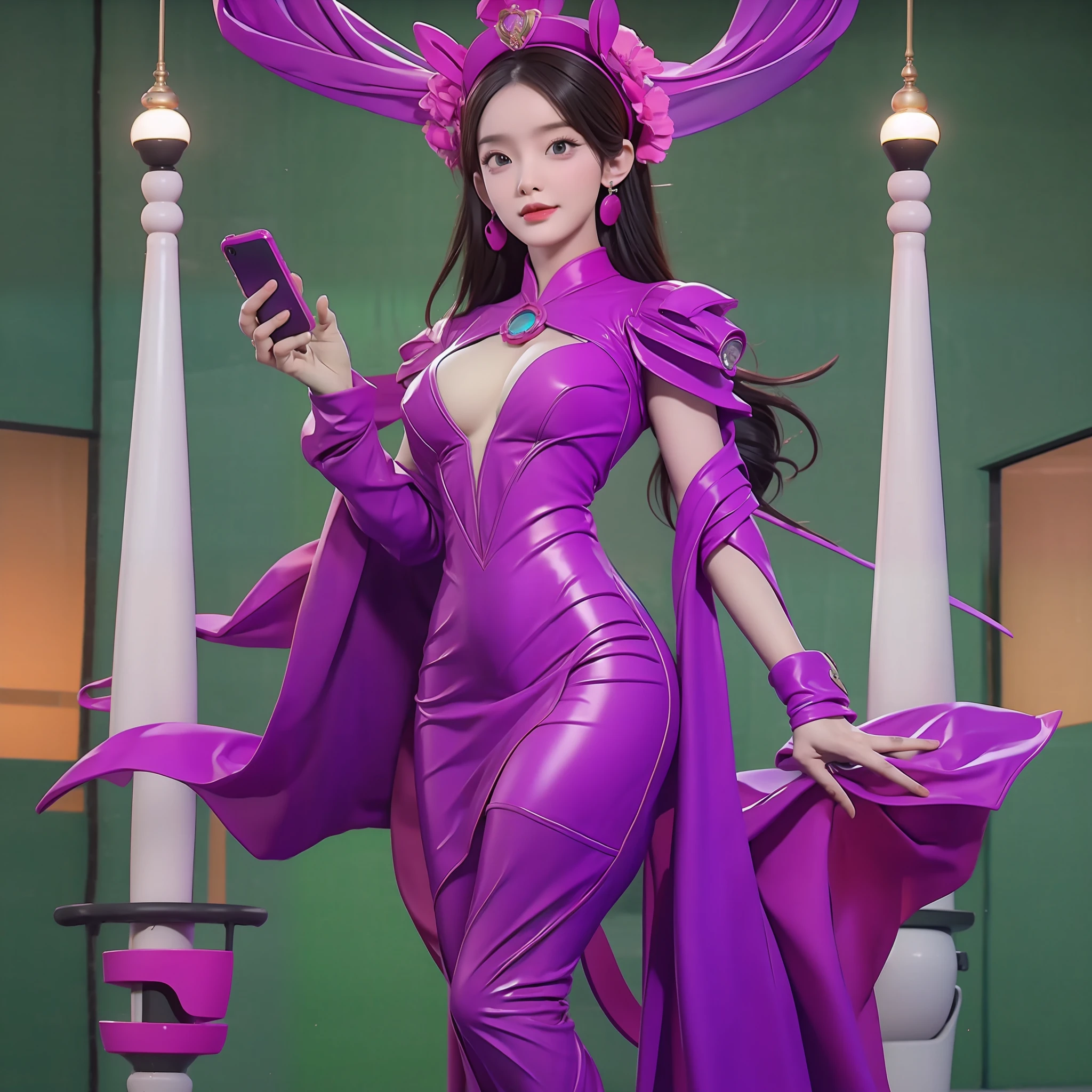 a woman in a purple dress holding a cell phone, android body, li bingbing, beautiful android woman, android mystic, duy beni serial, dilraba dilmurat, hourglass slim body, beautiful female android, she is holding a smartphone, sony nicon iphone 1 3 pro max, promotional still wide angle, promotional photoshoot, perfect android girl, detailed, realistic, photo shoot, high resolution ,full body shot , lighting