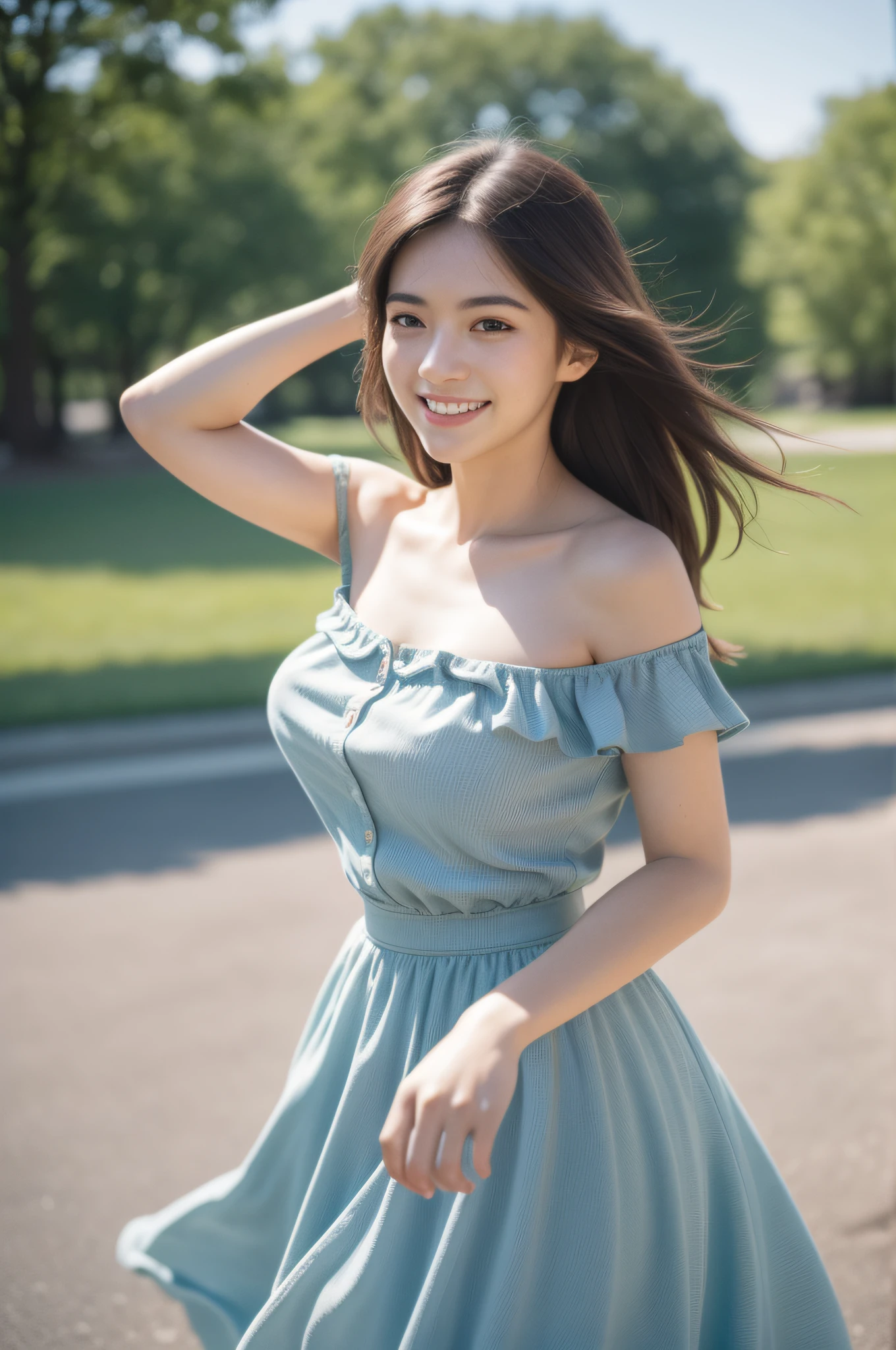(8k, RAW photo, best quality, masterpiece:1.2),(realistic, photo-realistic:1.4),ultra high res,photon mapping,radiosity,((Hasselblad photography)),physically-based rendering,professional soft lighting,light on face,
This scene should be captured on 35mm film,with a beautiful depth of field and a slightly blurry,nostalgic background,film portrait photography,35mm film,filmg,cowboy shot,bokeh:1.2,outdoors,1980s \(style\),vintage details,streetscape,
1 age girl,fit,solo,(bright smile:1.3),(1980s dress, (long skirt:1.2)),(short sleeves,off shoulder:1.1),dynamic pose,running,
(medium_breasts),(floating_hair),tiny_waist,(realistic_detailed_skin_texture:1.1),good hands,fix,good feet,