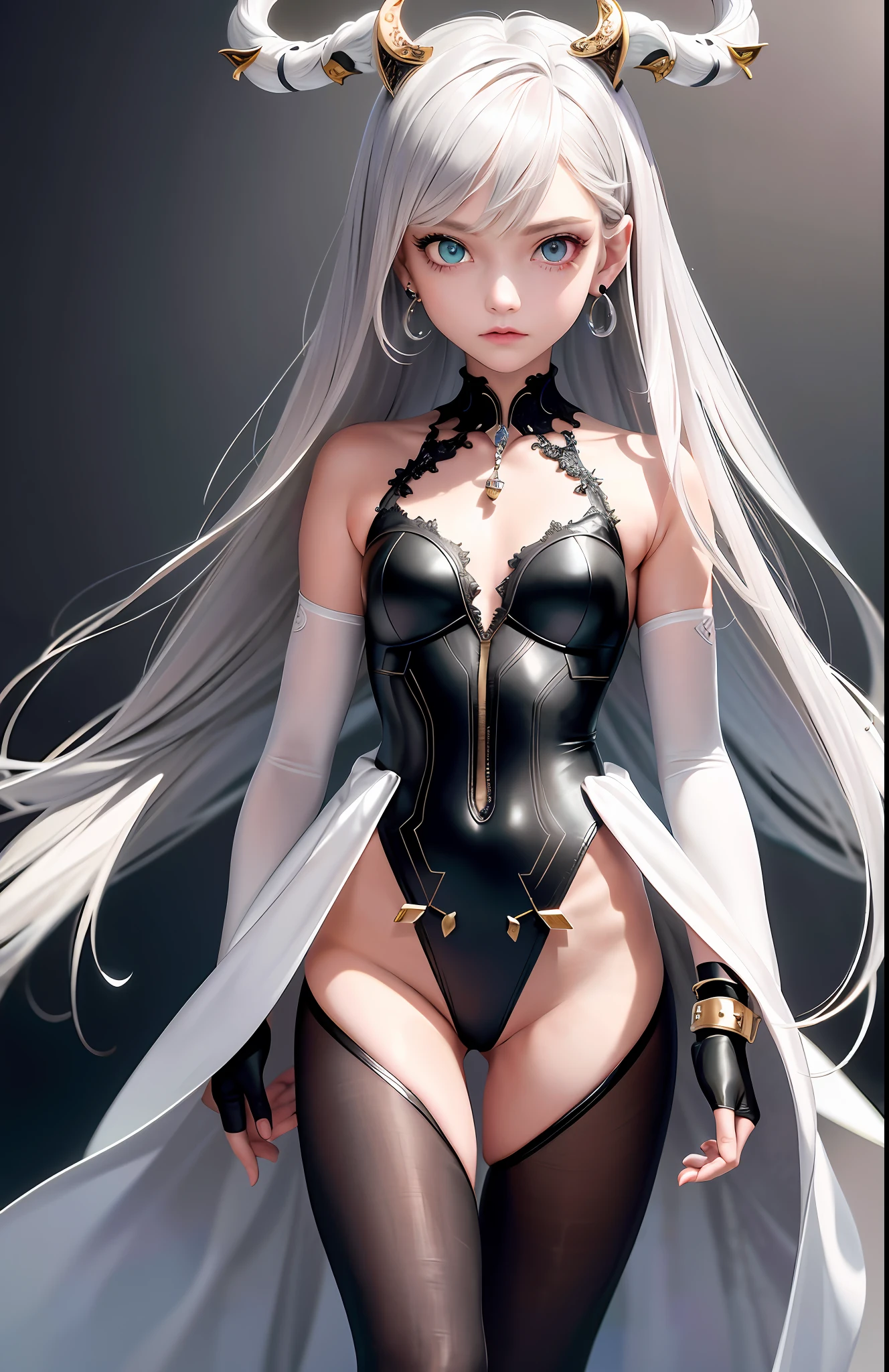 Best, Masterpiece, High Resolution, Best Quality, Ultra HD, Super Detail, Award-Standing, 16k, (Upper Body), Anatomically Correct, Beautiful Maiden, Gray Hair, Hair Strands, ((Heterochromia)), Hanging Corners, Fair Skin, (Small), (Slim Body), (Tuxedo)), Stud Earrings, (Neck Rings), (Very, Very Short Short Glove)