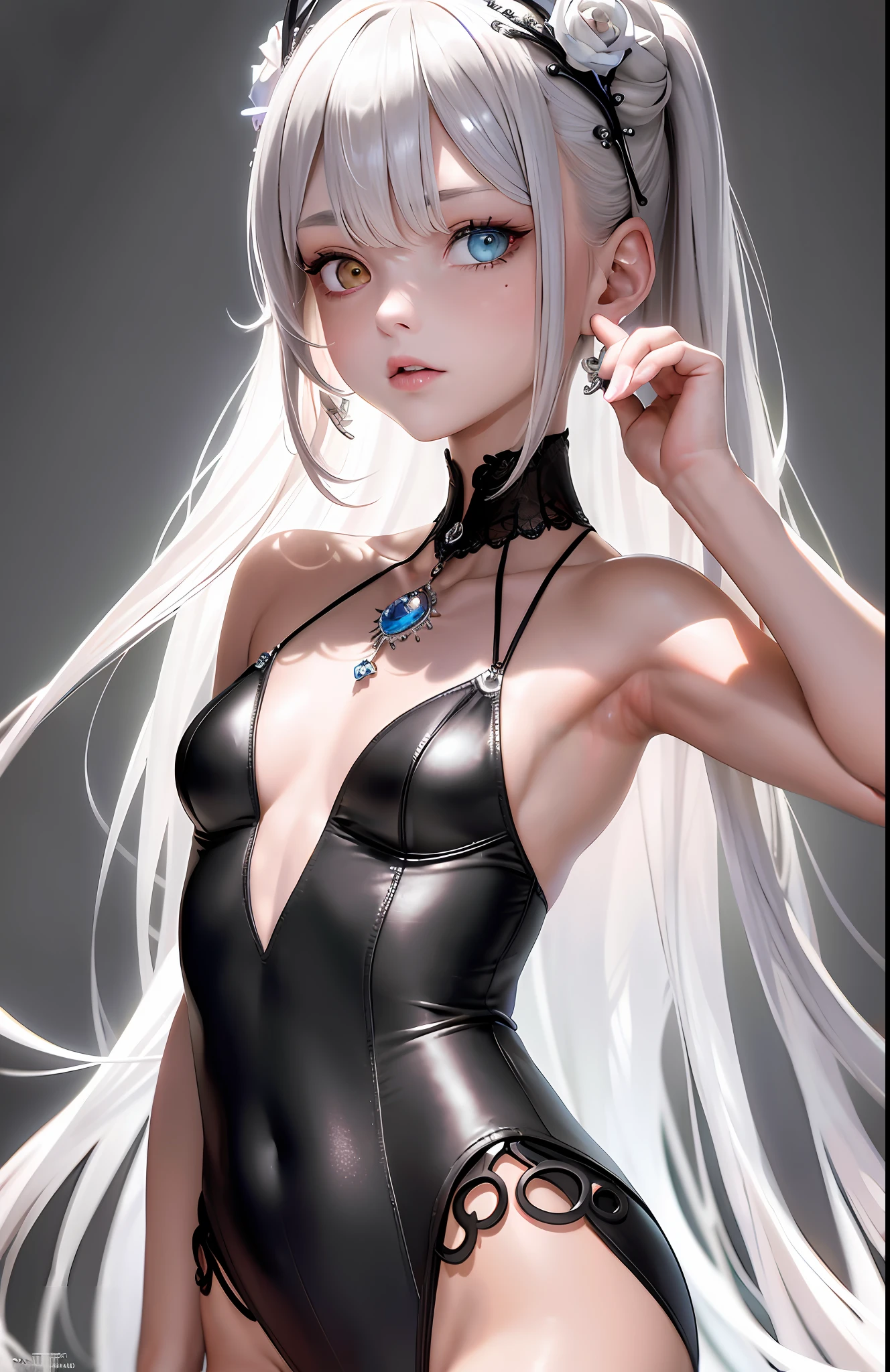 Best, Masterpiece, High Resolution, Best Quality, Ultra HD, Super Detail, Award-Standing, 16k, (Upper Body), Anatomically Correct, Beautiful Maiden, Gray Hair, Hair Strands, ((Heterochromia)), Hanging Corners, Fair Skin, (Small), (Slim Body), (Tuxedo)), Stud Earrings, (Neck Rings), (Very, Very Short Short Glove)