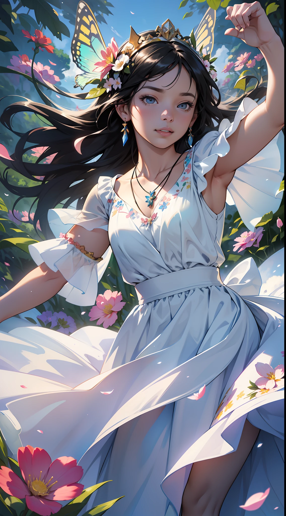 ((SFW)),Masterpiece, High Quality, ((Photoreal))), Cinematic Direction, (High Contrast), Depth of Field, (Award-winning Difference Photo), Face Details, Detailed Drawing, There is a place in the forest where flowers bloom, Girl dancing in a snow-white summer dress in that flower field, Girl is 11 years old, Very long hair with black hair, Summer sky, Summer clouds, Summer dazzling sunlight, Flower garden, Girl with open arms, necklace, crown of flowers, butterfly, fluttering petals, dynamic movement, dance,