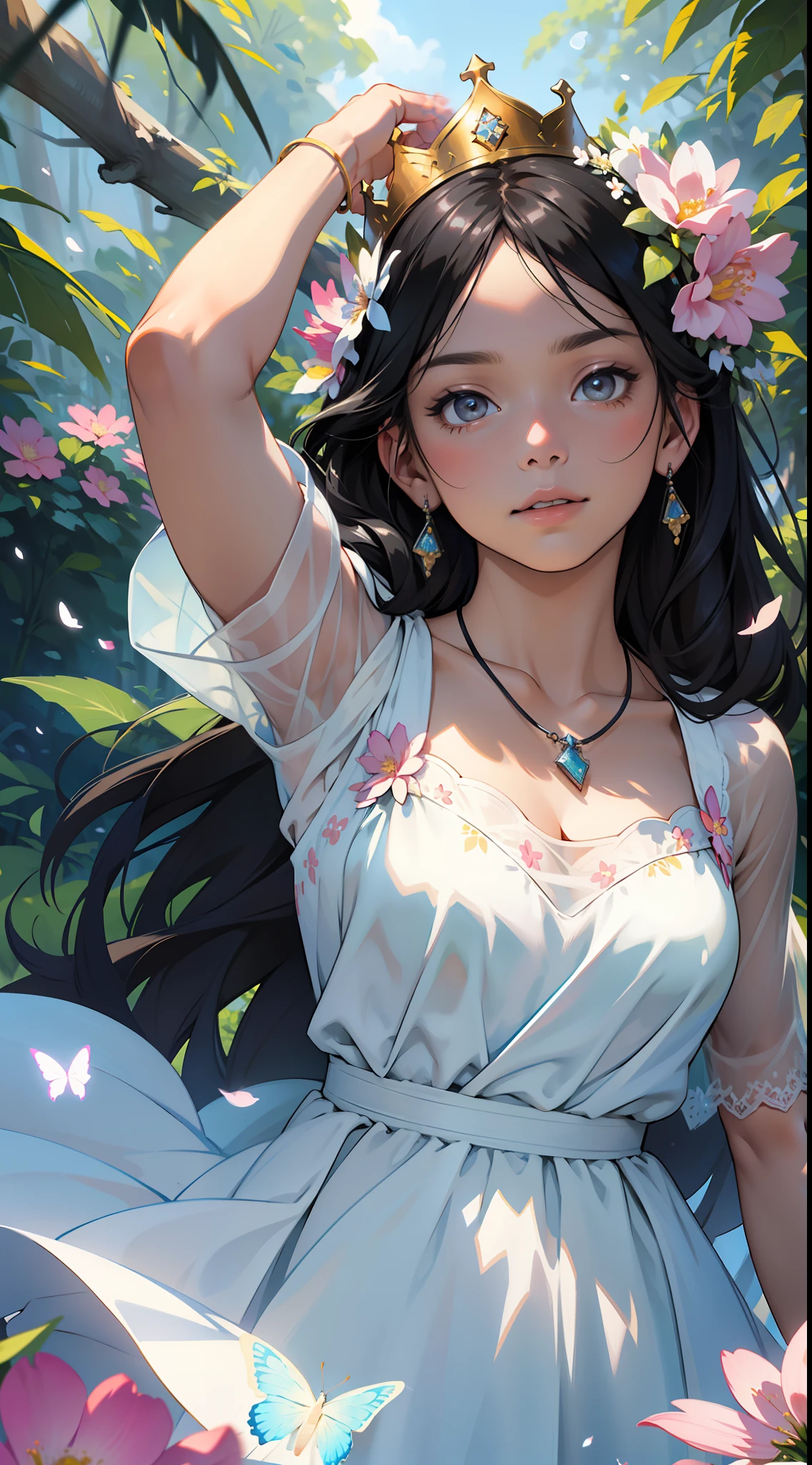 ((SFW)),Masterpiece, High Quality, ((Photoreal))), Cinematic Direction, (High Contrast), Depth of Field, (Award-winning Difference Photo), Face Details, Detailed Drawing, There is a place in the forest where flowers bloom, Girl dancing in a snow-white summer dress in that flower field, Girl , Very long hair with black hair, Summer sky, Summer clouds, Summer dazzling sunlight, Flower garden, Girl with open arms, necklace, crown of flowers, butterfly, fluttering petals, dynamic movement, dance,