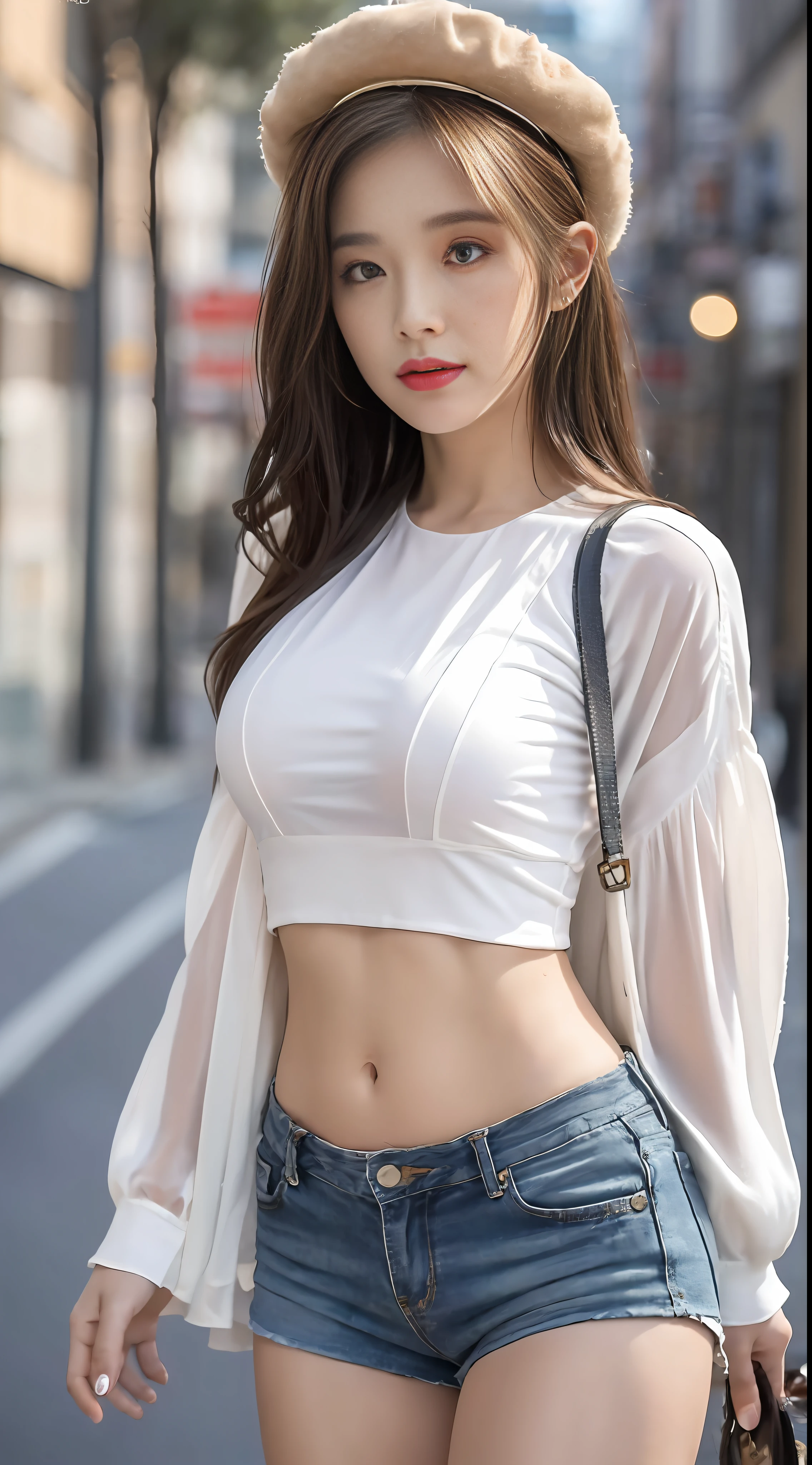 ((Best Quality, 8K, Masterpiece: 1.3)), (Flower Cap: 1.3), Focus: 1.2, Perfect Body Beauty: 1.4, Buttocks: 1.2, (Layered Haircut: 1.2)), (Dark Street: 1.3), Highly Detailed Face and Skin Texture, Full Body, Delicate Eyes, Double Eyelids, Whitened Skin, Long Hair, (Round Face: 1.5), (Loose Crop Top, Shorts: 1.6)