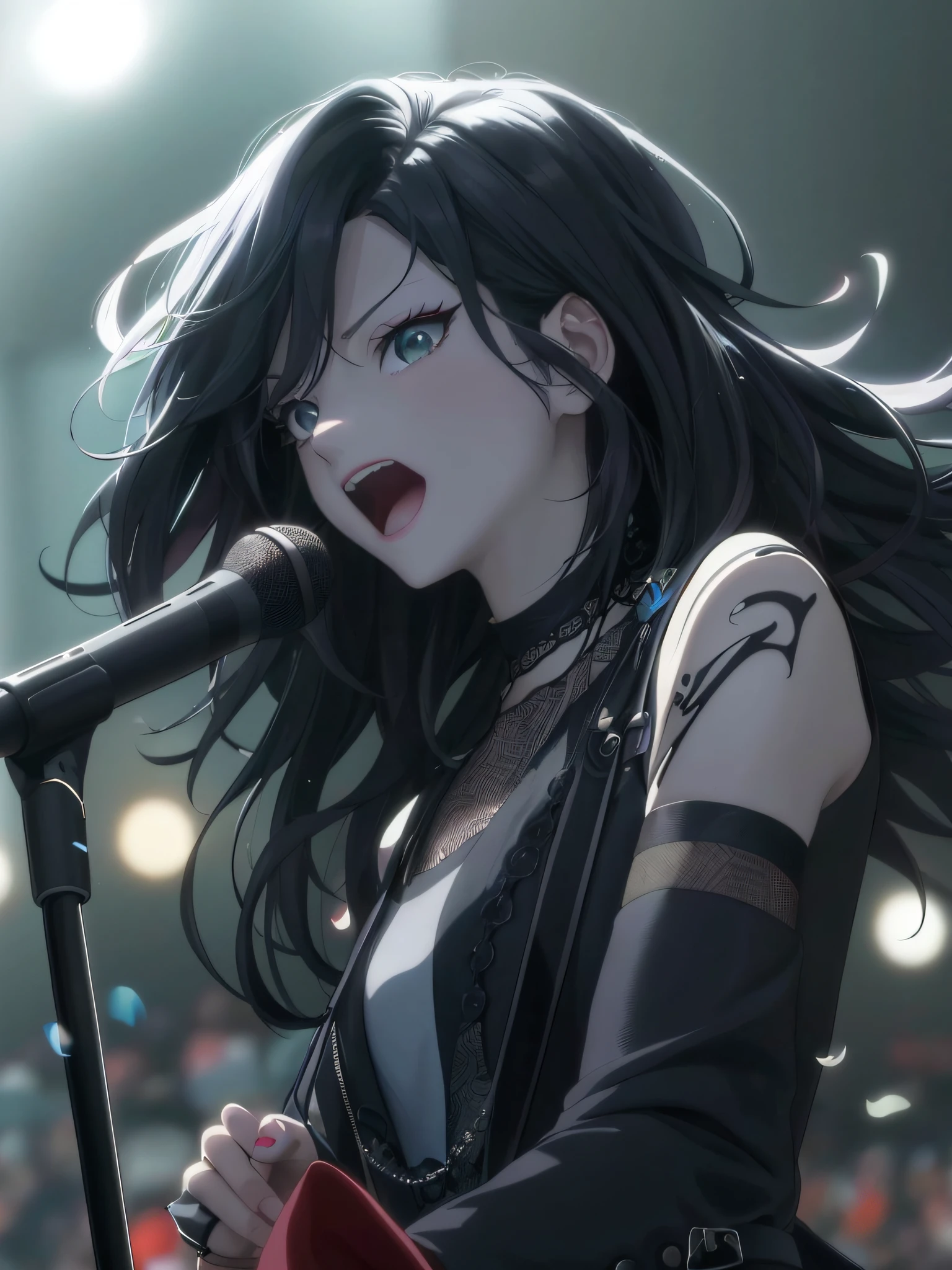 a close up of a person holding a microphone and singing, today's featured anime still, anime visual of a cute girl, anime visuals, anime visual of a young woman, screenshot from the anime film, 1 7 - year - old anime goth girl, still from anime, best anime 4k konachan wallpaper, sui ishida with black hair --auto --s2