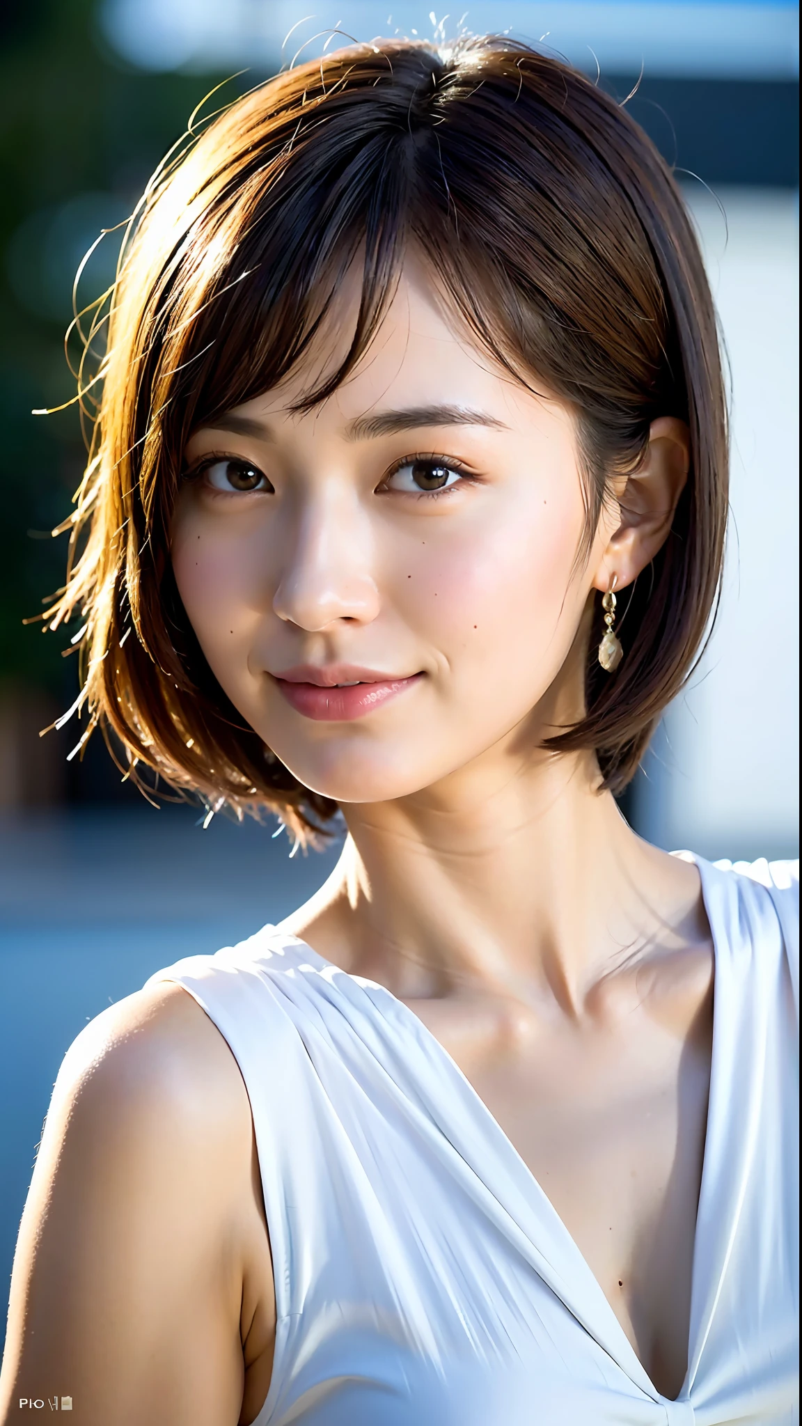 (Best Quality, 8k, 32k, Masterpiece, UHD: 1.2), 1 girl, 20 years old, Beautiful perfect face, clean Japan, Big, Office lady, Office, Soft smile, Beautiful eyes, Intricate details, Fine skin, Short hair,