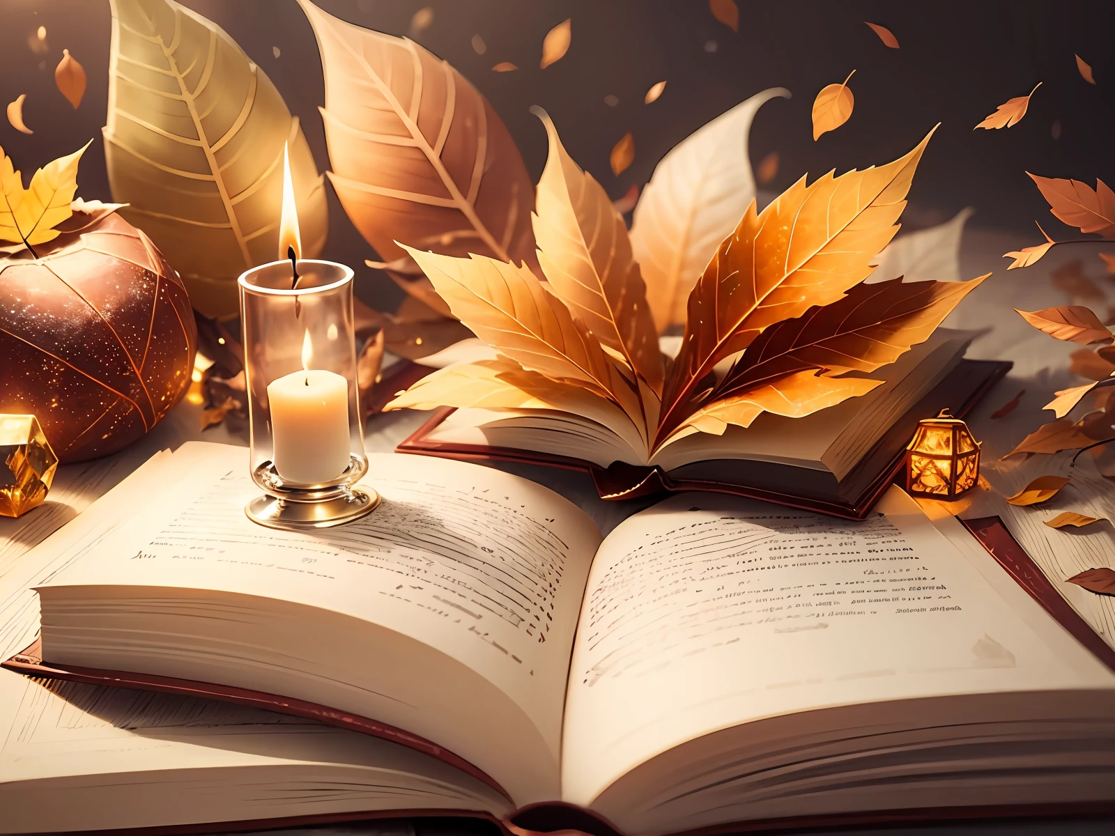 Create an image of a white candle lit on an open book, surrounded by crystals and dry leaves. Use warm colors and soft lighting to create a cozy and inviting atmosphere. The book should have some text related to the spiritual traditions mentioned in the description. The crystals should be of different shapes and colors, and the leaves should be brown or yellow. --auto --s2