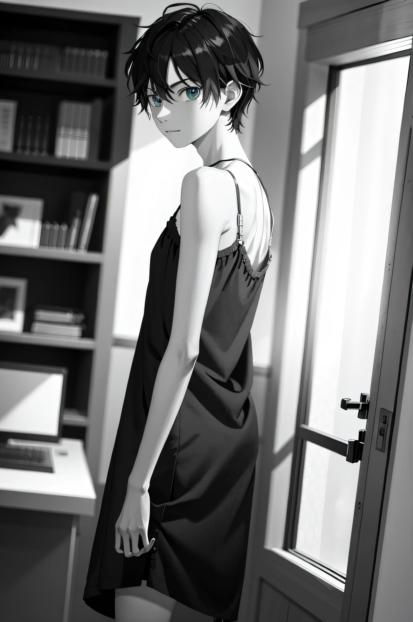 absurdres, best quality, (1boy:0.5), (1girl:0.25), solo, androgynous, from side, loose clothes, looking at viewer,